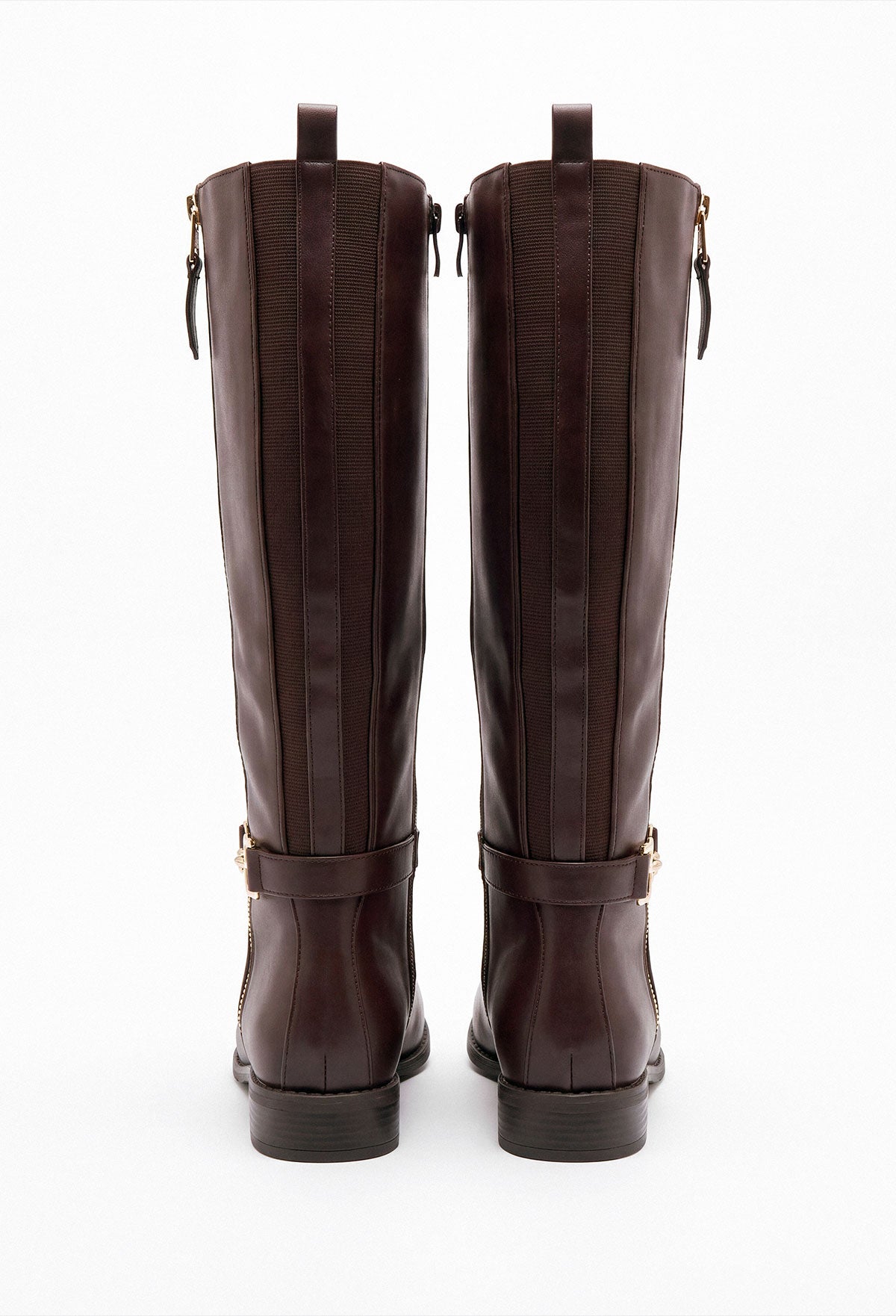 Brown faux leather riding boot with gold trim, side zip fastening and gold hardware detail at the ankle.