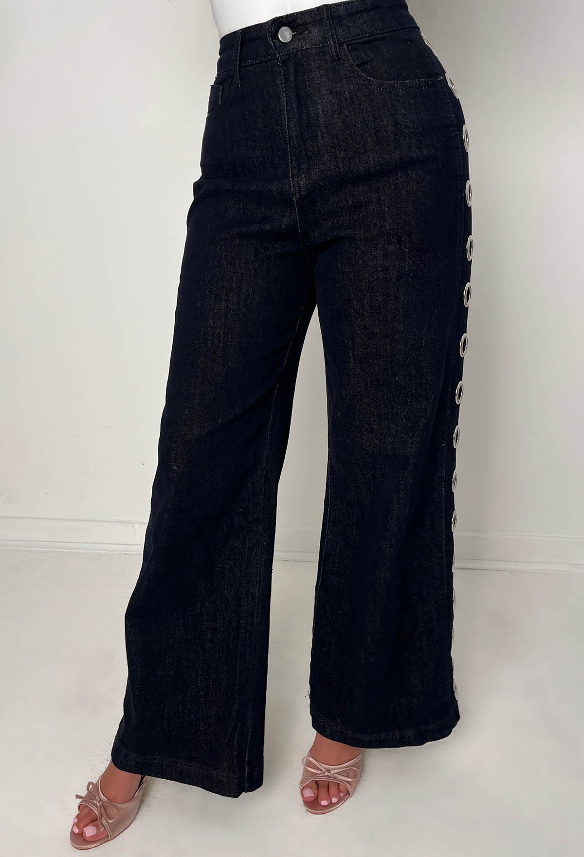 Ring Me Dark Blue Eyelet Wide Leg Stretch Jeans