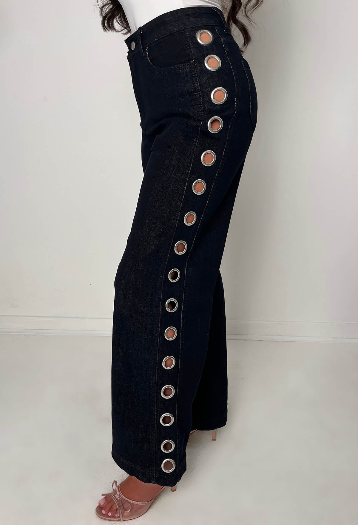 Ring Me Dark Blue Eyelet Wide Leg Stretch Jeans