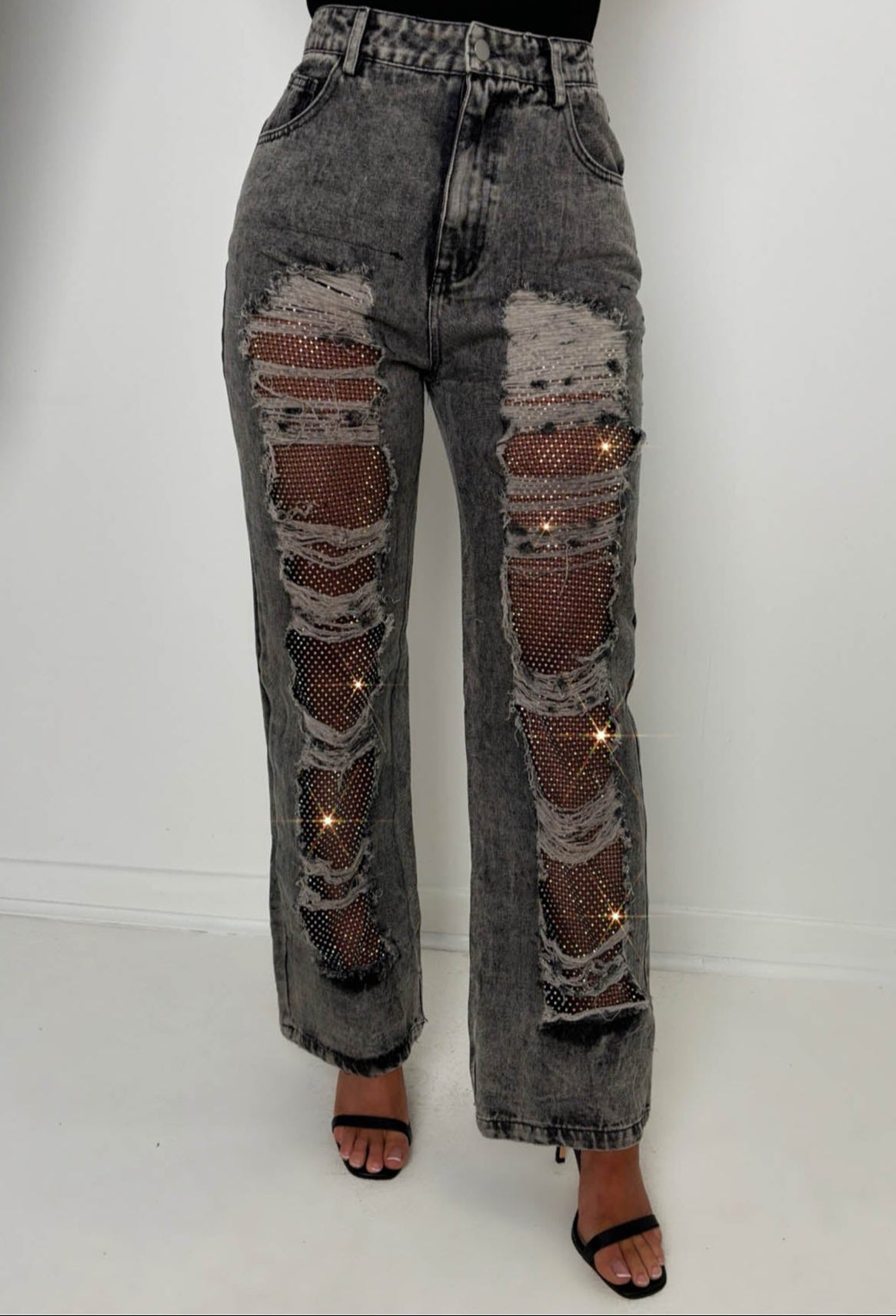 Ripped & Ready Black Ripped Jeans With Diamante Mesh