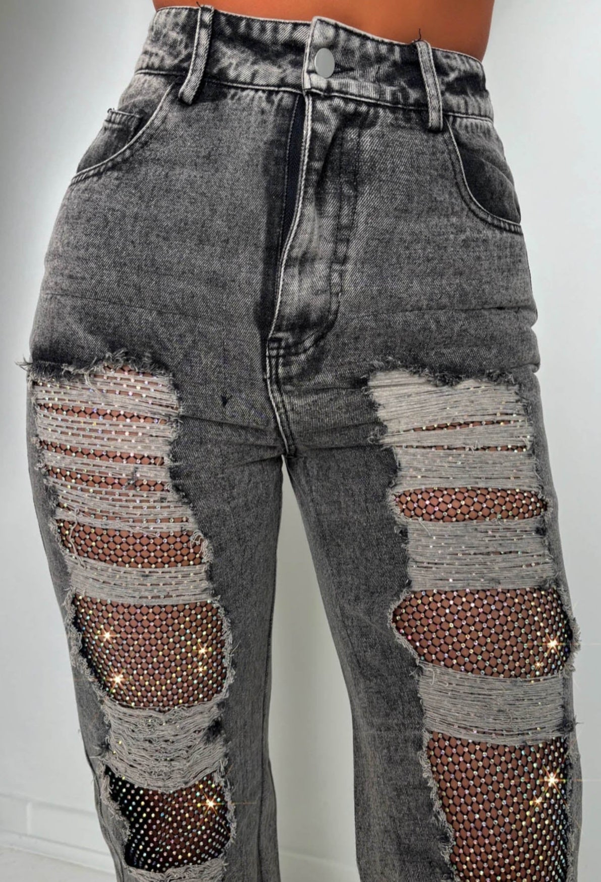 Ripped & Ready Black Ripped Jeans With Diamante Mesh