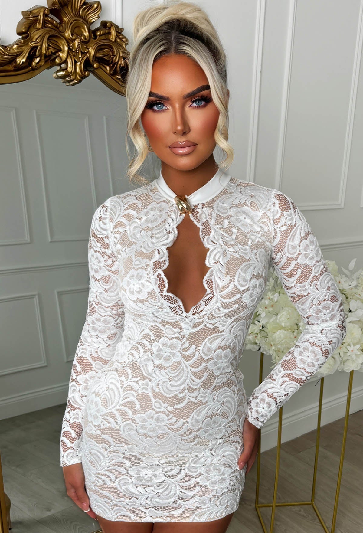 Risque Romance White Lace Buckle Front Dress
