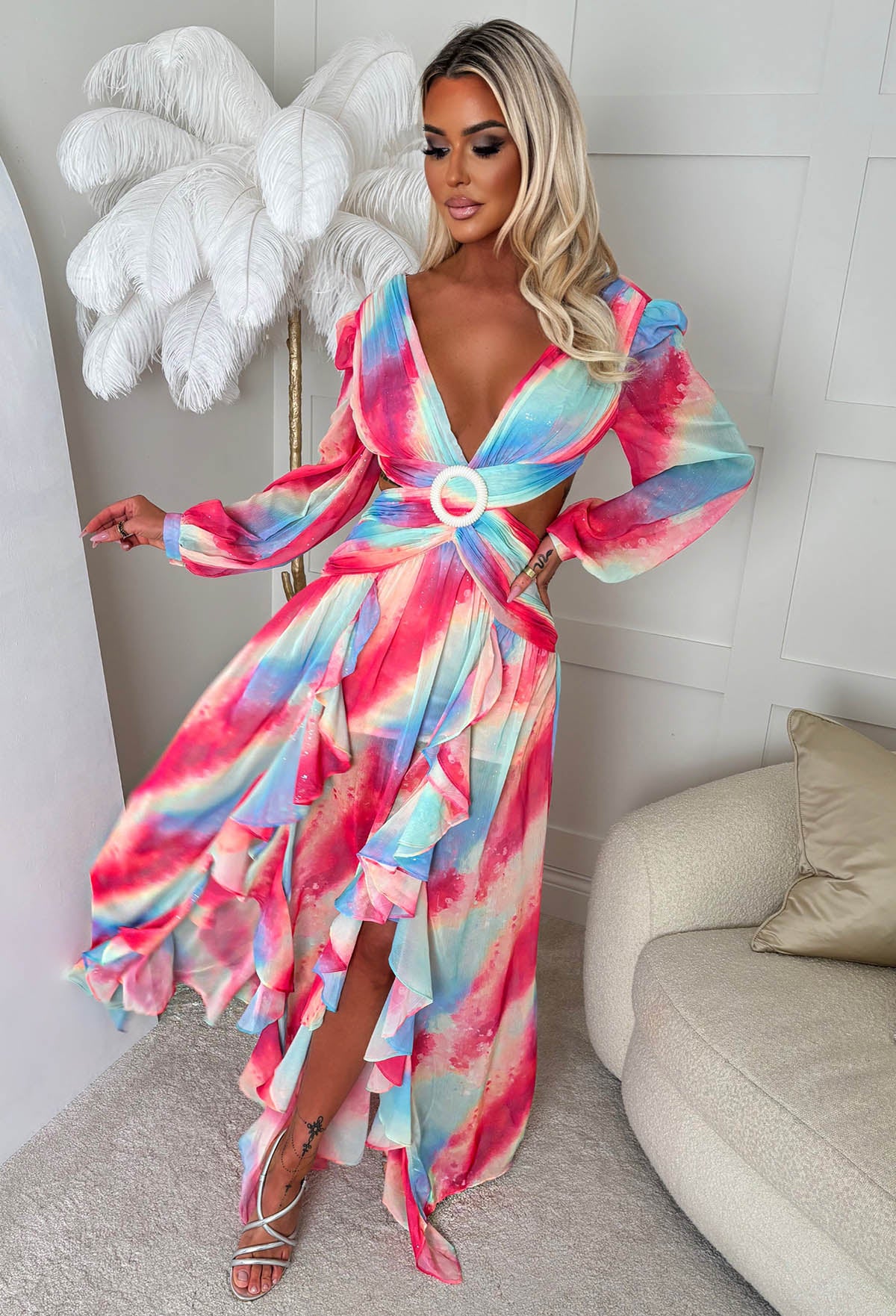 Riviera Nights Multi Ring Front Cut Out Diamante Printed Maxi Dress