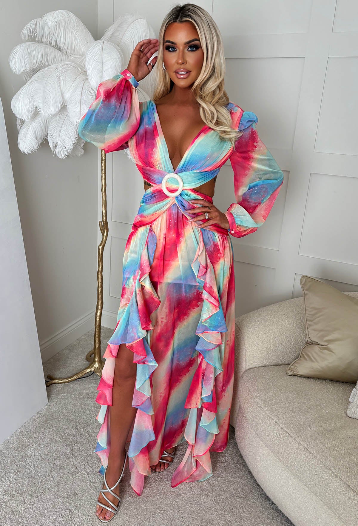 Riviera Nights Multi Ring Front Cut Out Diamante Printed Maxi Dress