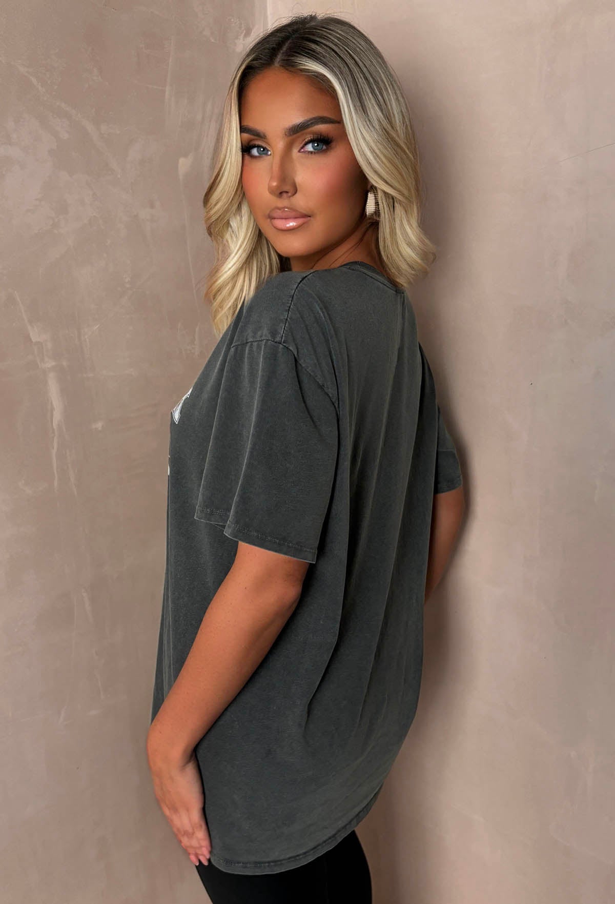 Rock Babe Grey New York Slogan Acid Wash T-Shirt