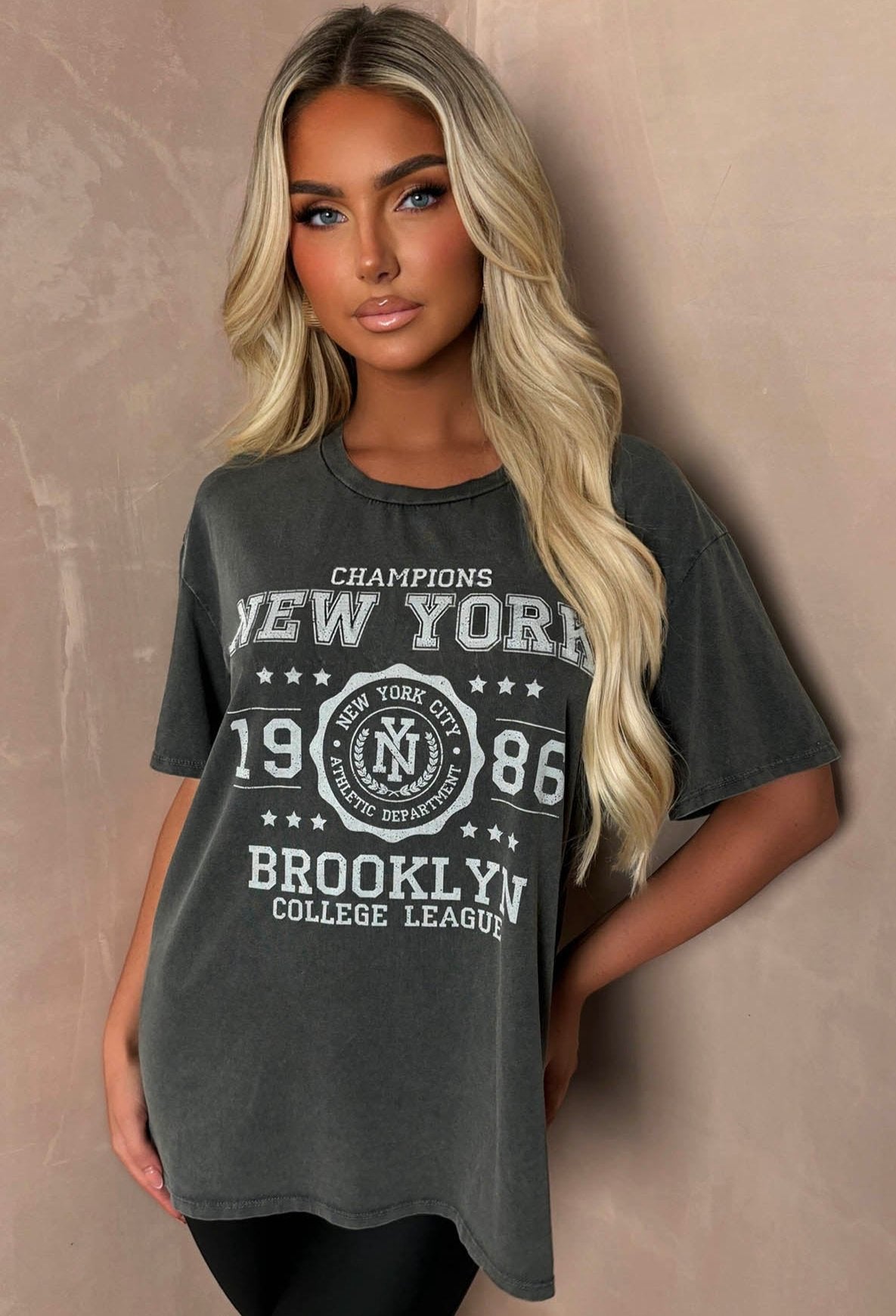 Rock Babe Grey New York Slogan Acid Wash T-Shirt