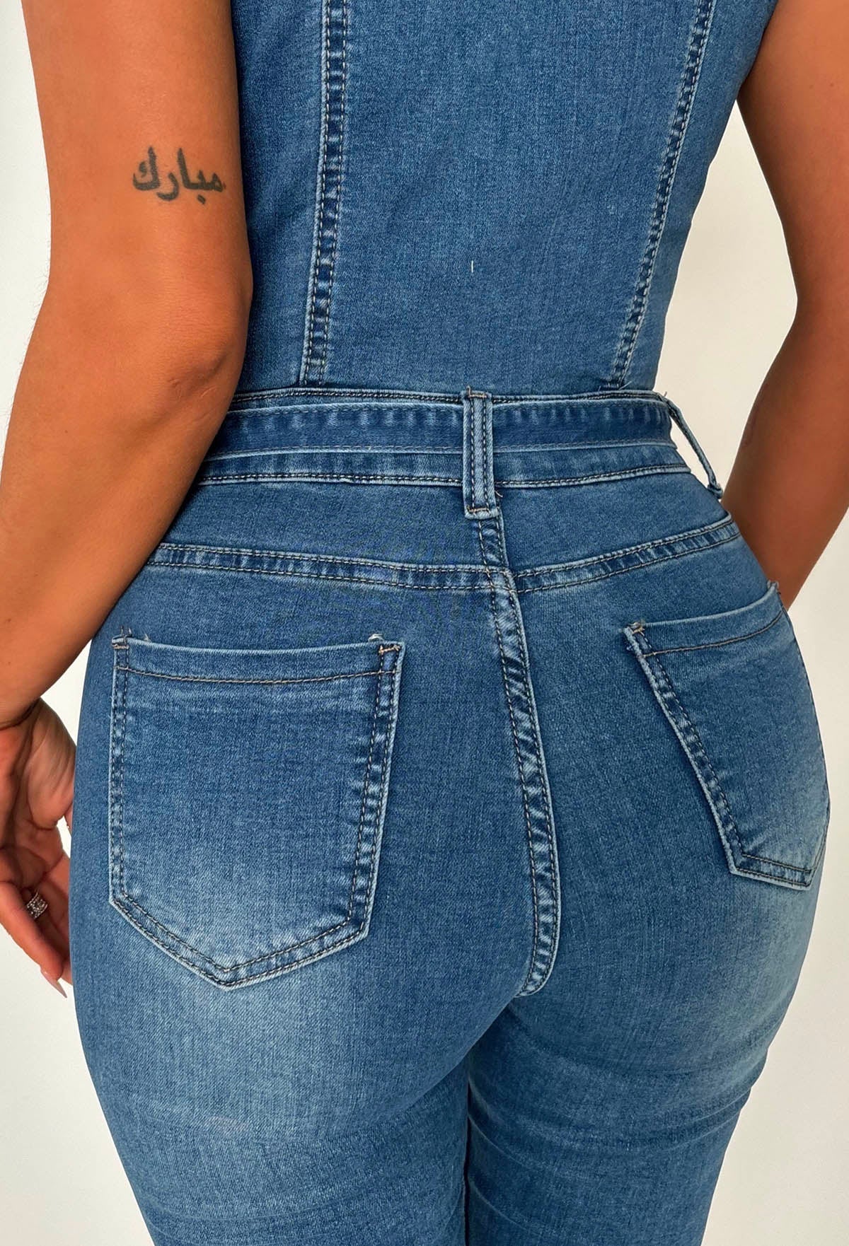 Rodeo Drive Chic Mid Wash Stretch Sleeveless Denim Jumpsuit