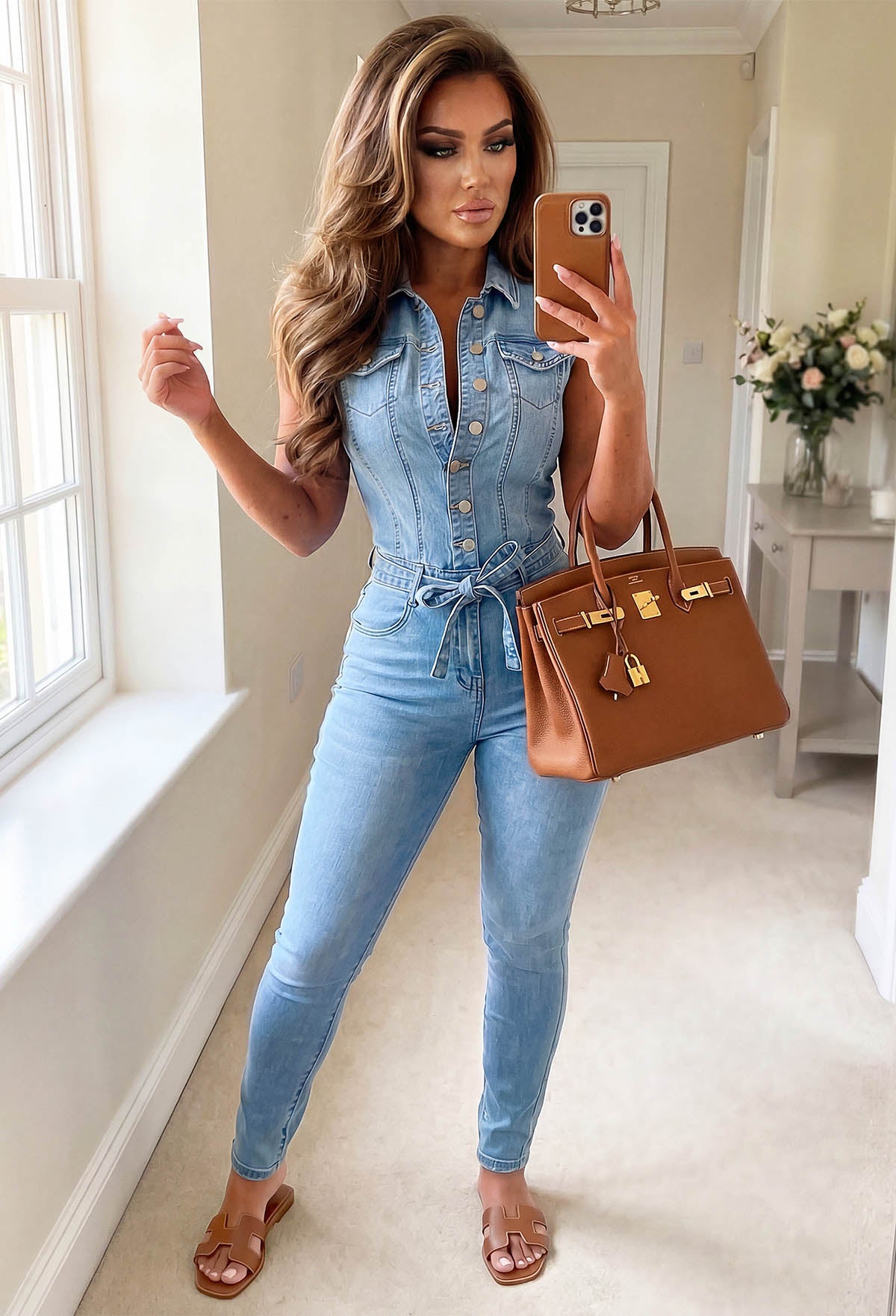 Rodeo Drive Chic Light Wash Stretch Sleeveless Denim Jumpsuit