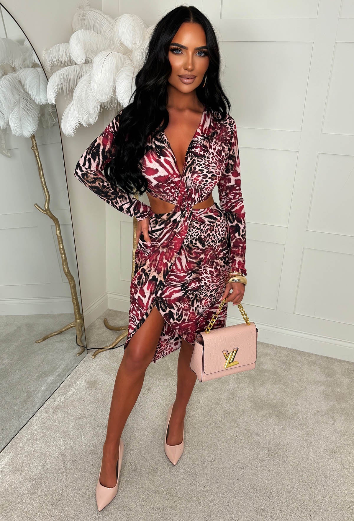 Rogue Feline Burgundy Twist Wrap Front Long Sleeve Dress