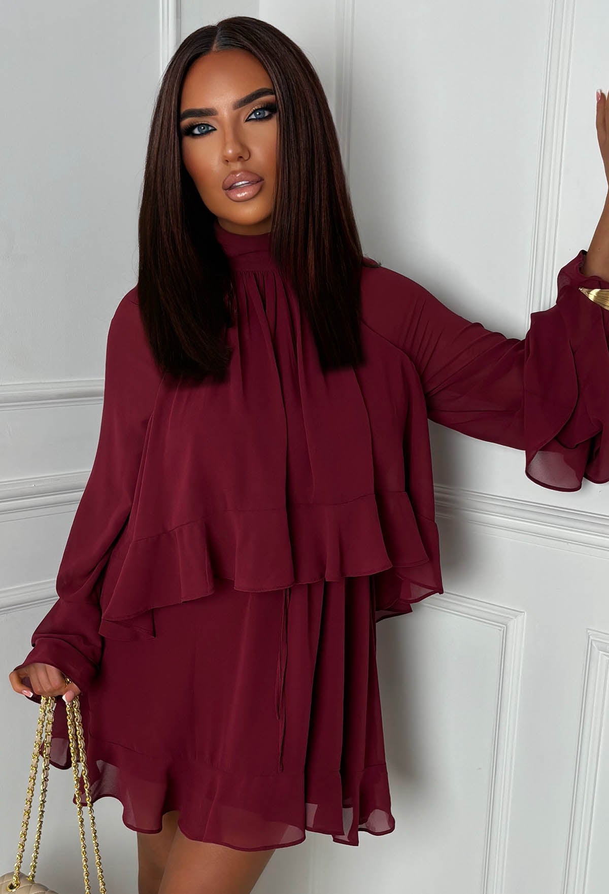 Romantic Frills Burgundy Frill Georgette Dress