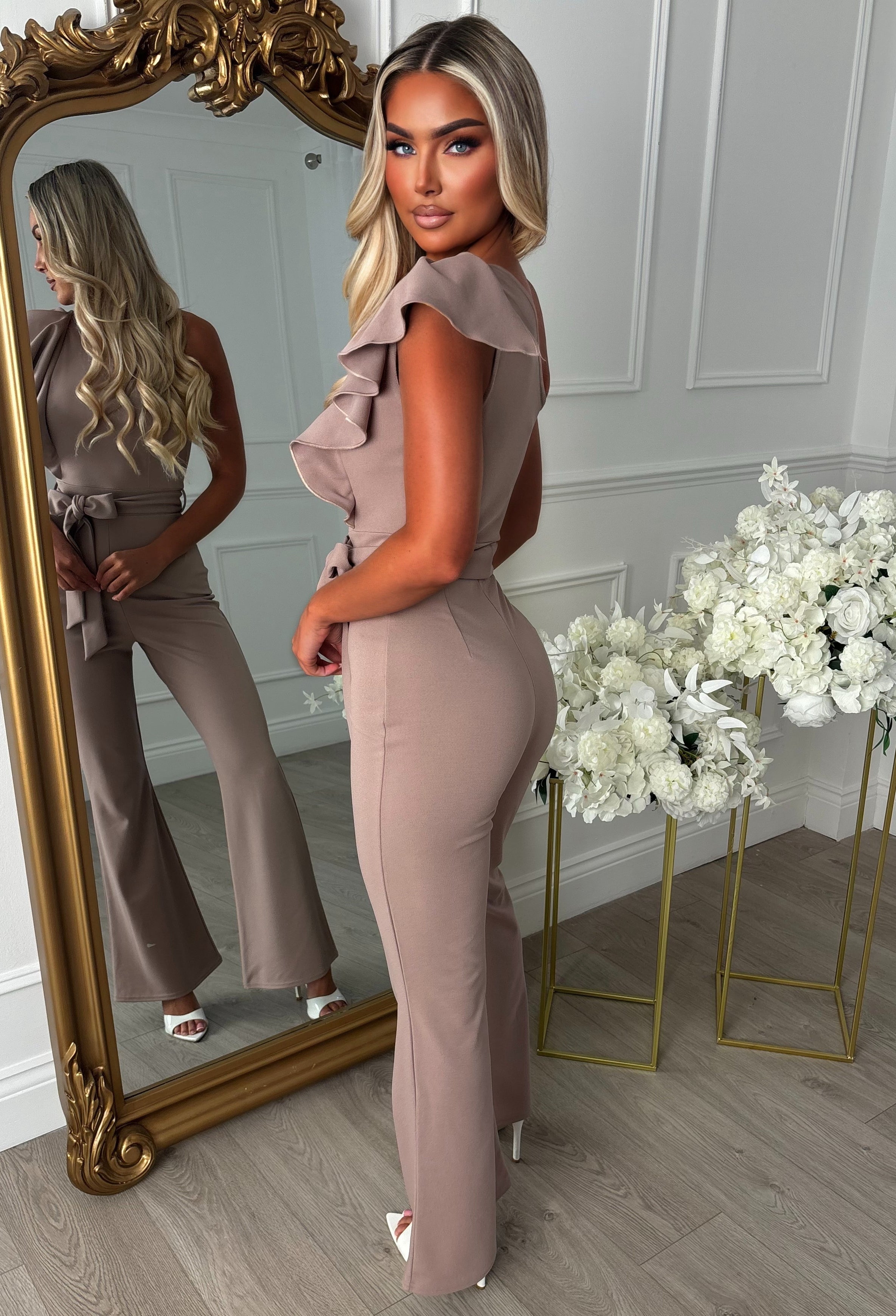 Taupe One Shoulder Frill Front Shoulder Jumpsuit Full Length Side Shot