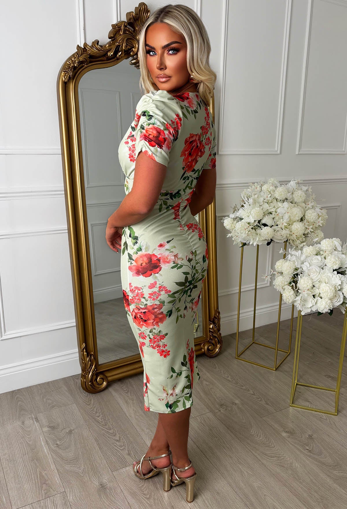 Rose Allure Multi Floral Print Ruched Front Midi Dress