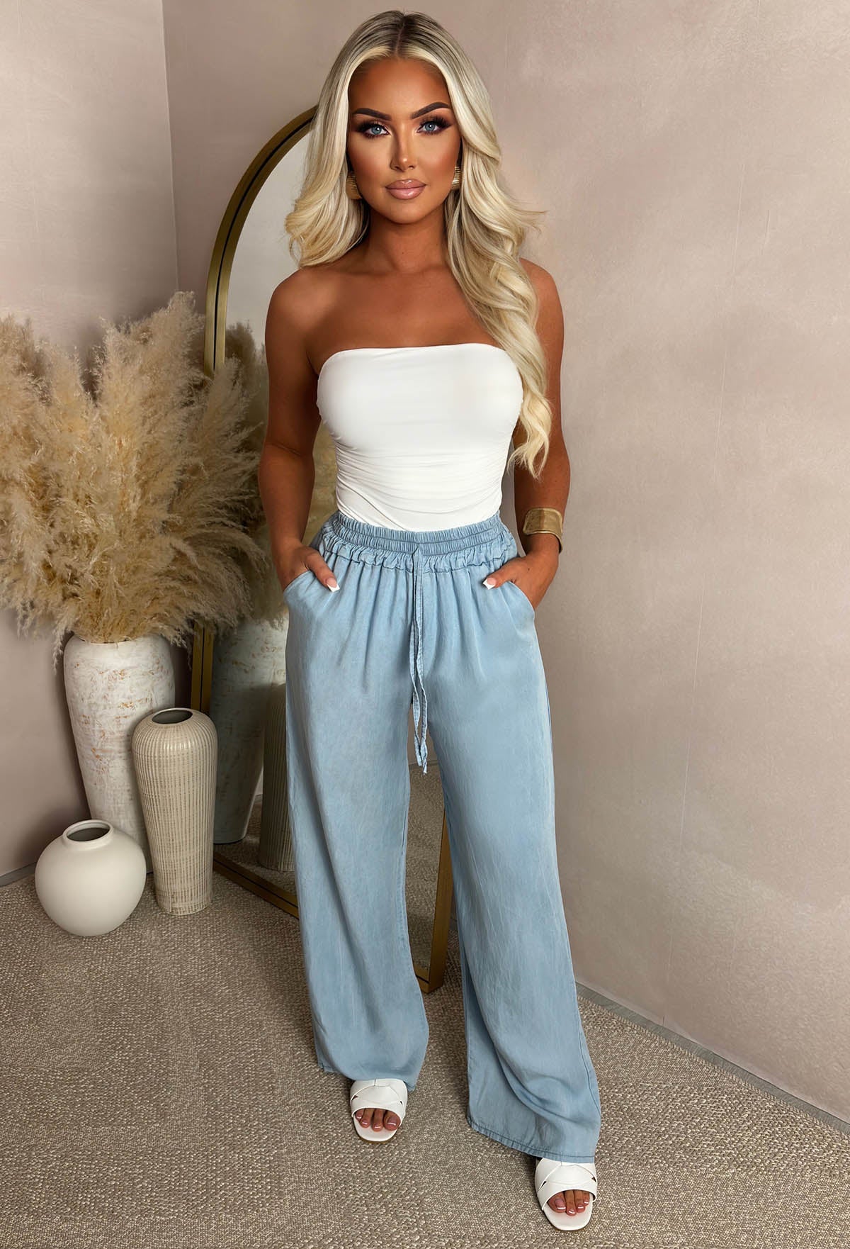Rosie Blue Elasticated Waist Straight Leg Trousers