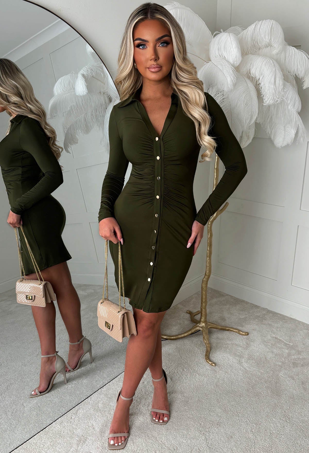 Ruched Forever Khaki Ruched Front Shirt Dress