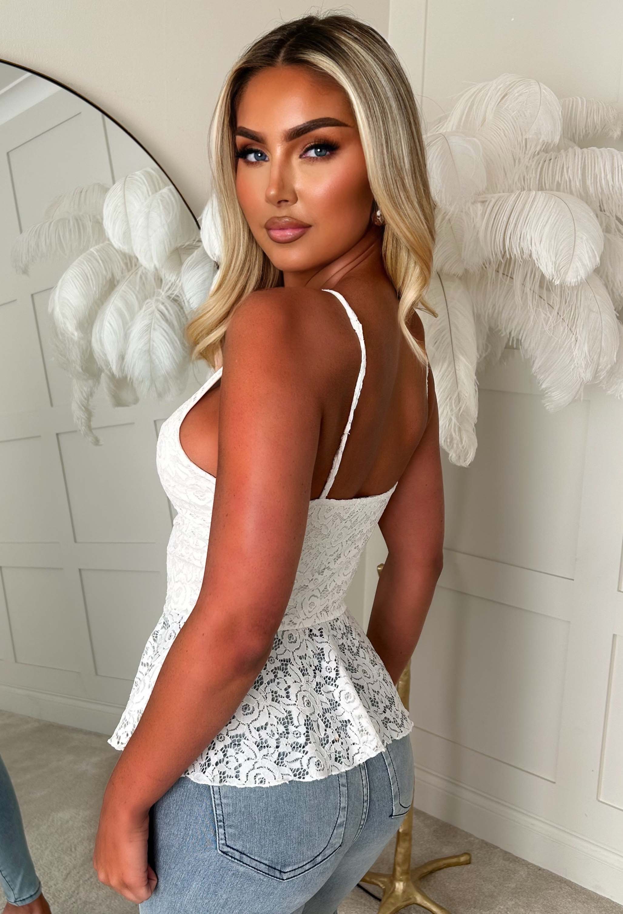 Ruffling Romance White Lace Peplum Square Neck Top