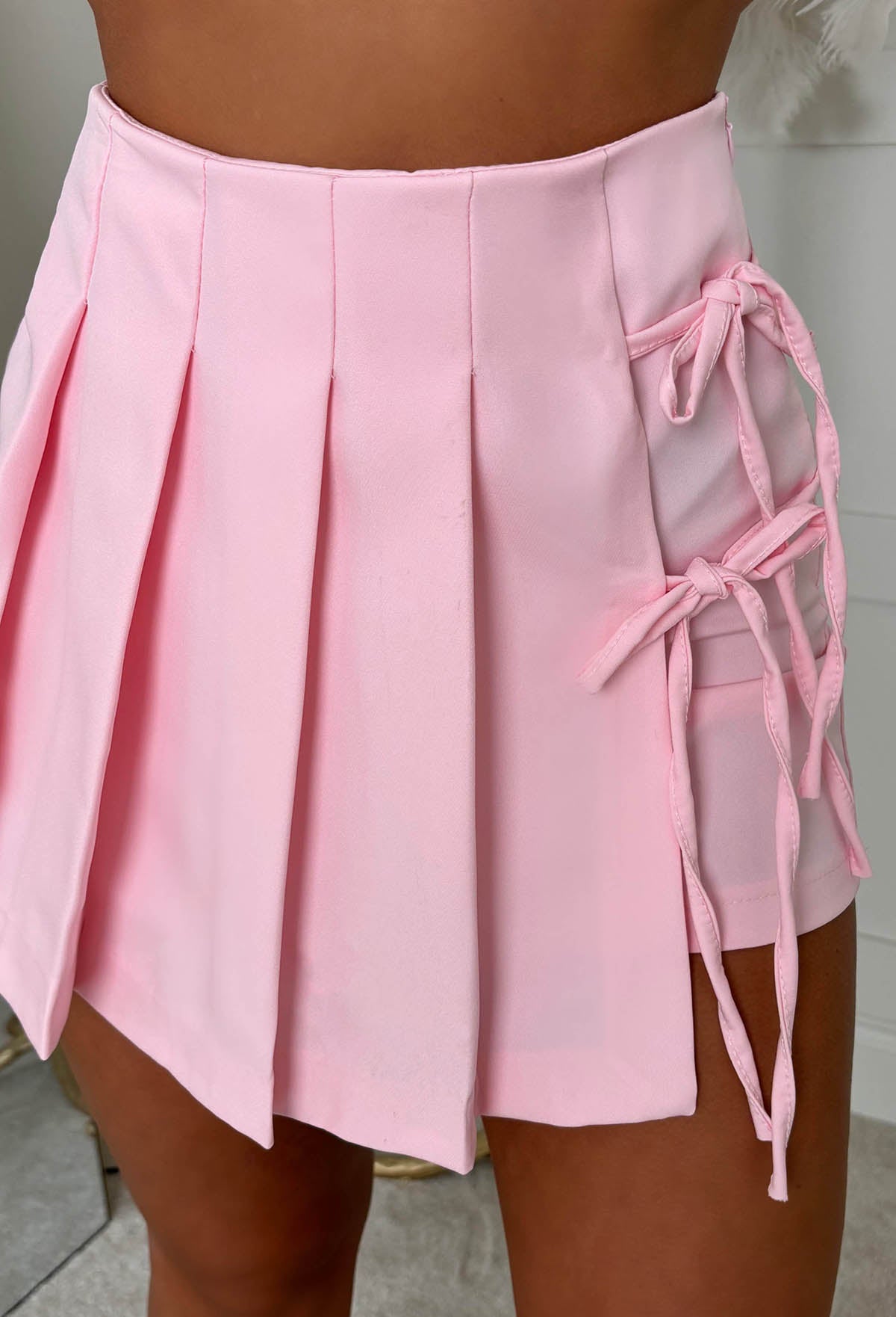 Sabrina Light Pink Bow Tie Pleated Mini Skort
