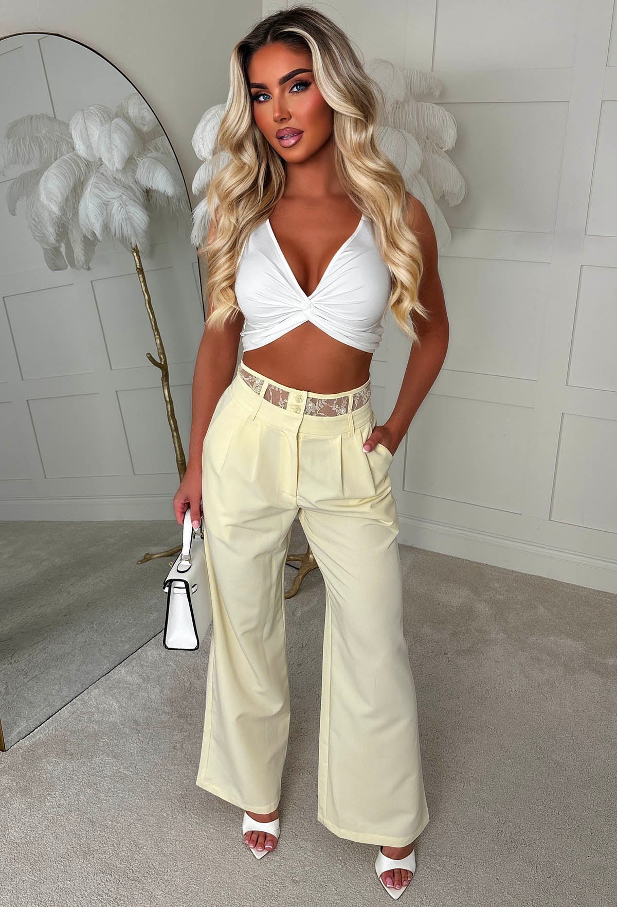 Lemon Deep Sheer Lace Waistband Detail Trousers Full Length Front View
