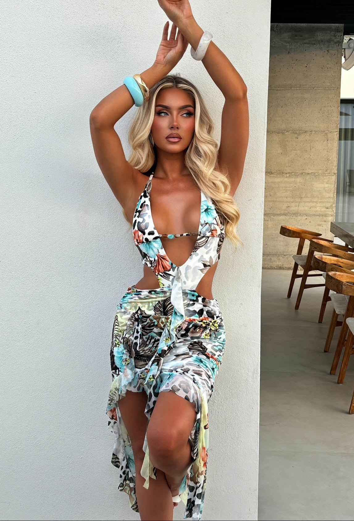 Multi Floral And Animal Print Cut Out Dress
