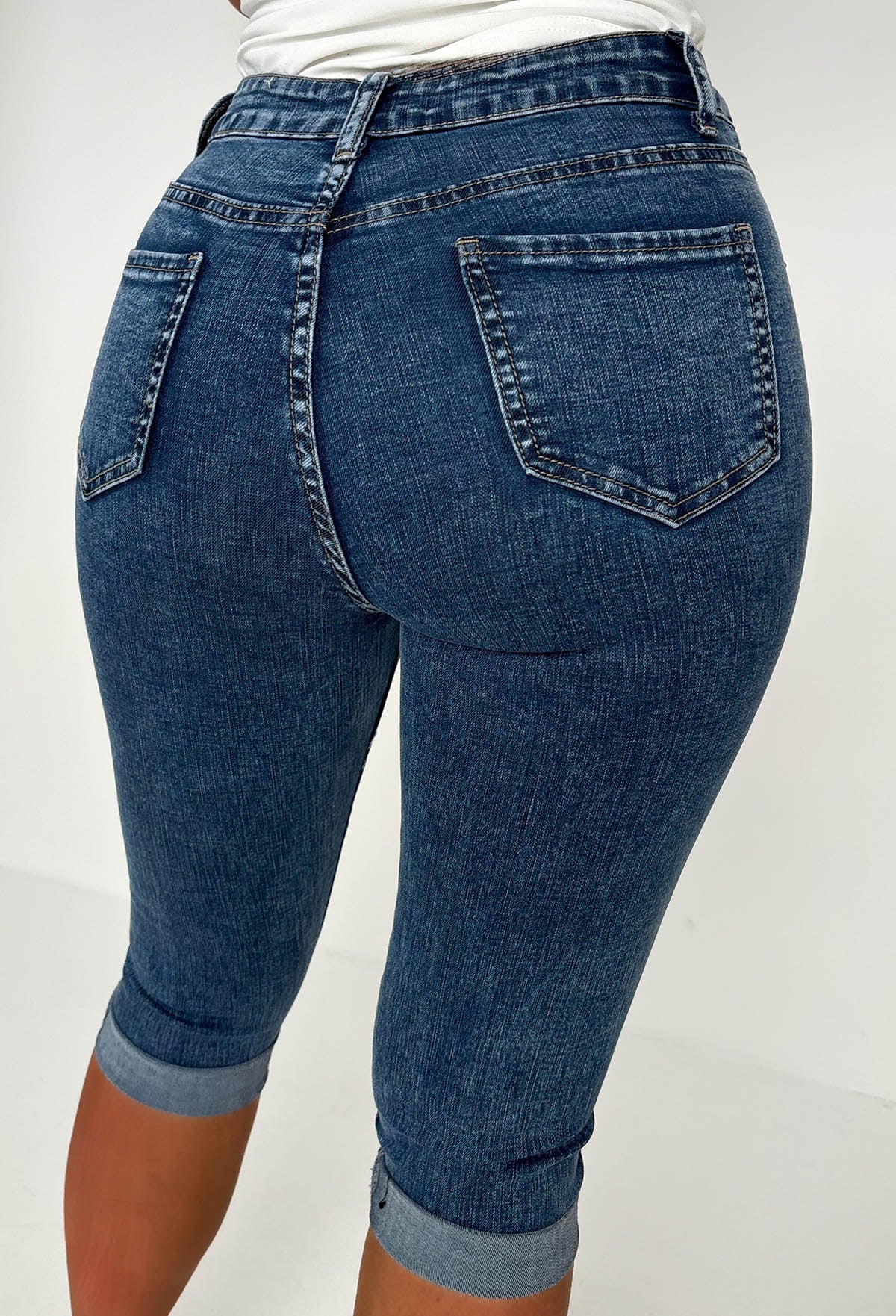 Sammy Mid Wash Stretch Denim Capri Pants With Turn Up's