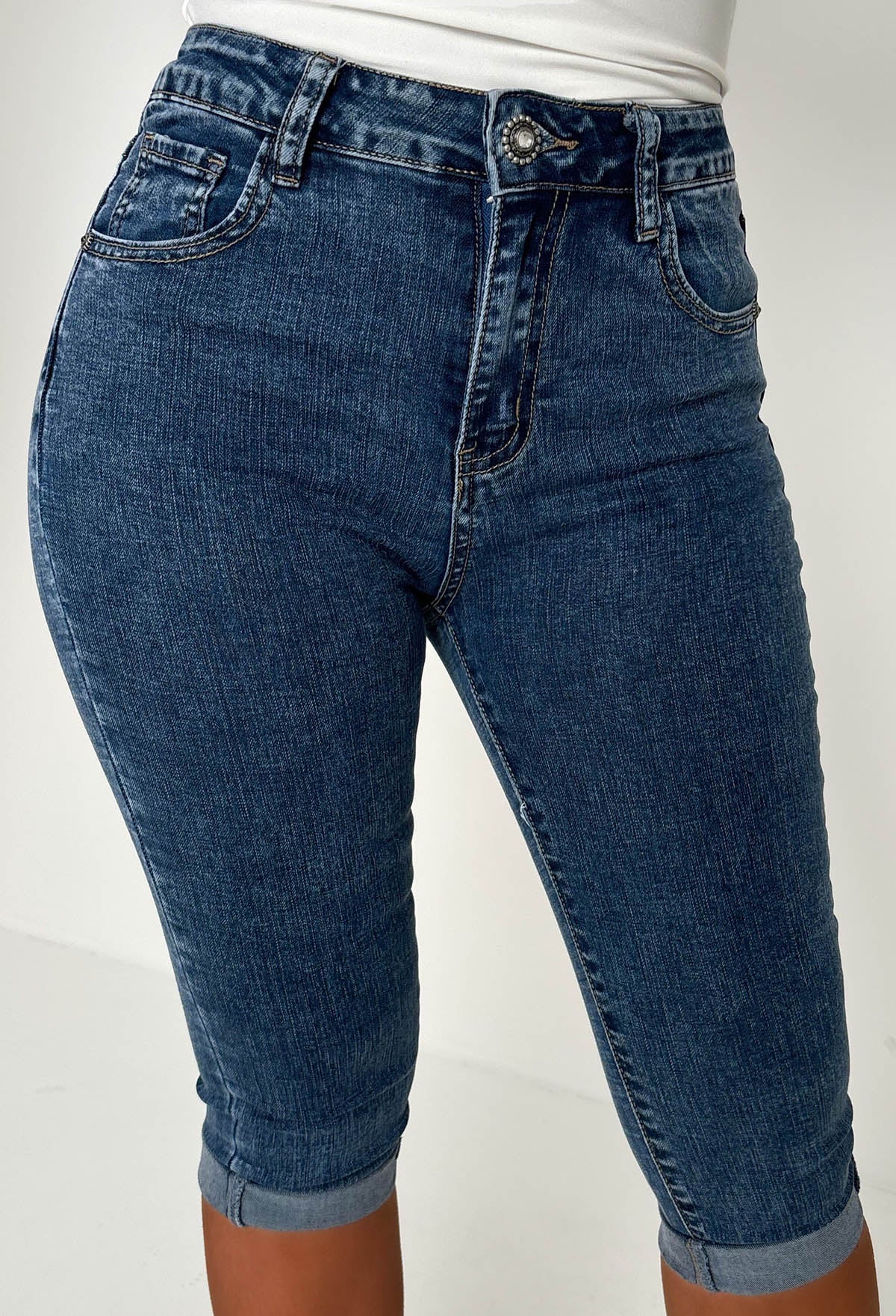 Sammy Mid Wash Stretch Denim Capri Pants With Turn Up's