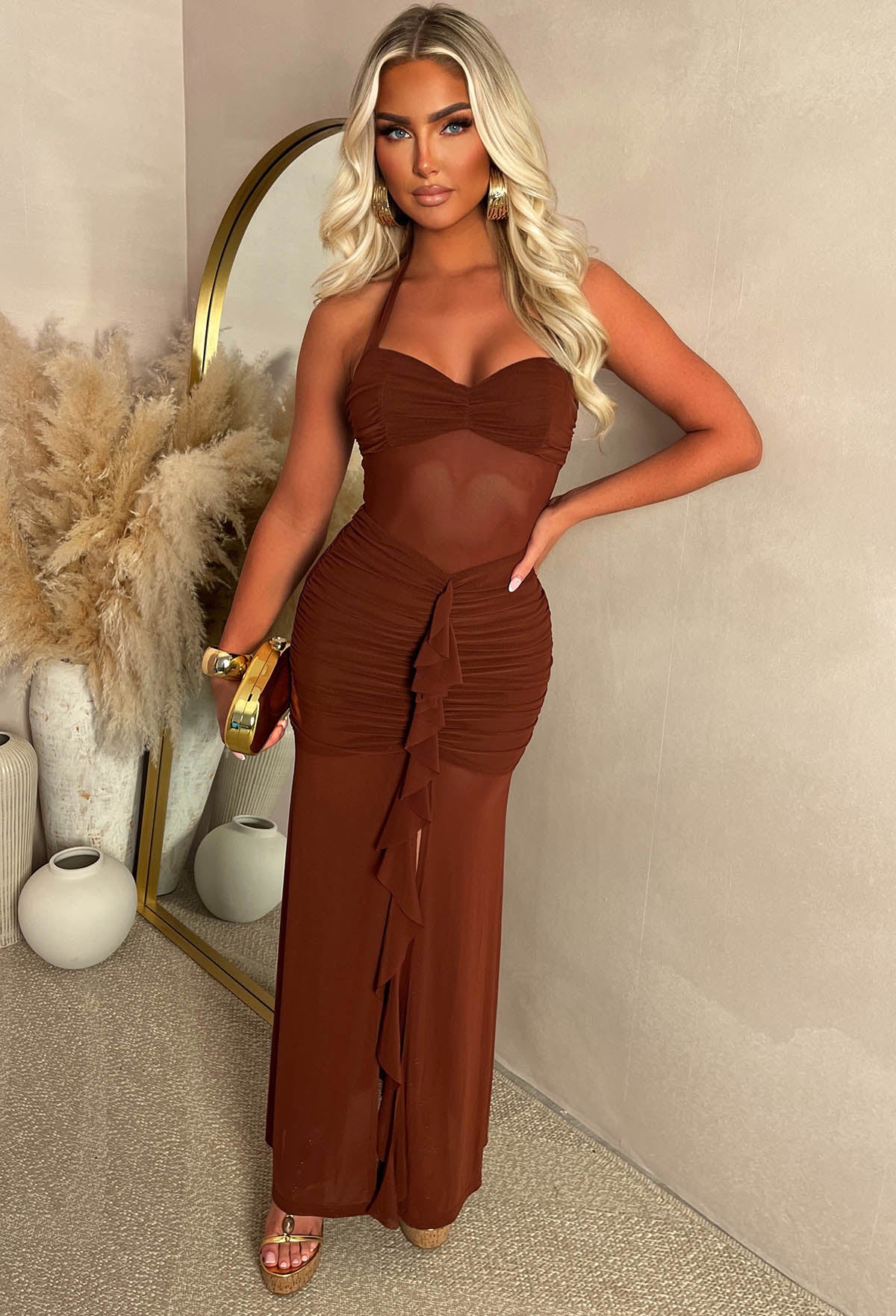 Santorini Seduction Brown Gathered Front Halter Maxi Dress