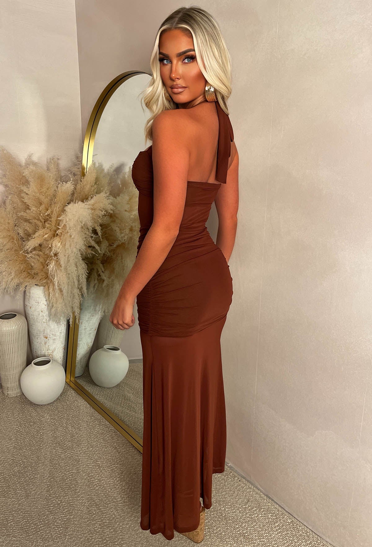 Santorini Seduction Brown Gathered Front Halter Maxi Dress