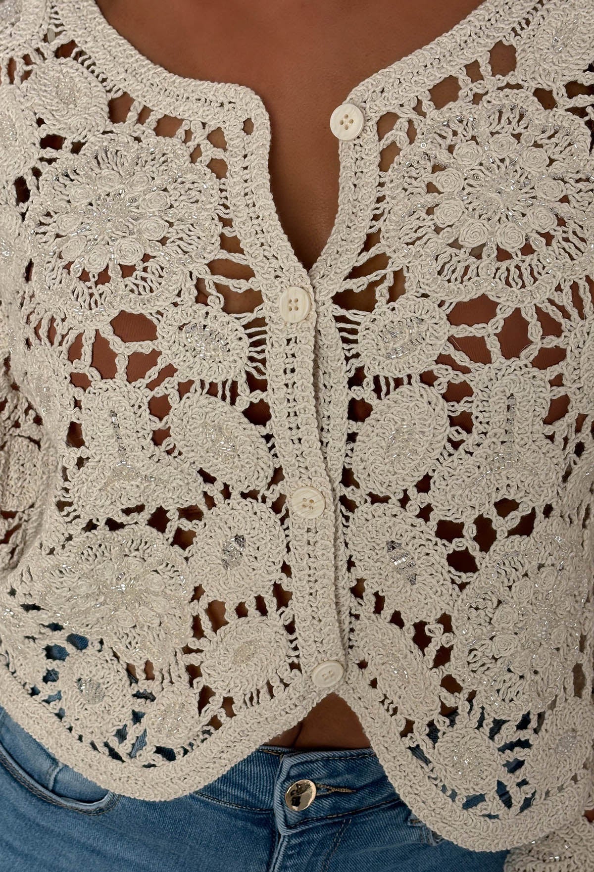 Saoirse Stone Beaded Crochet Knitted Cardigan