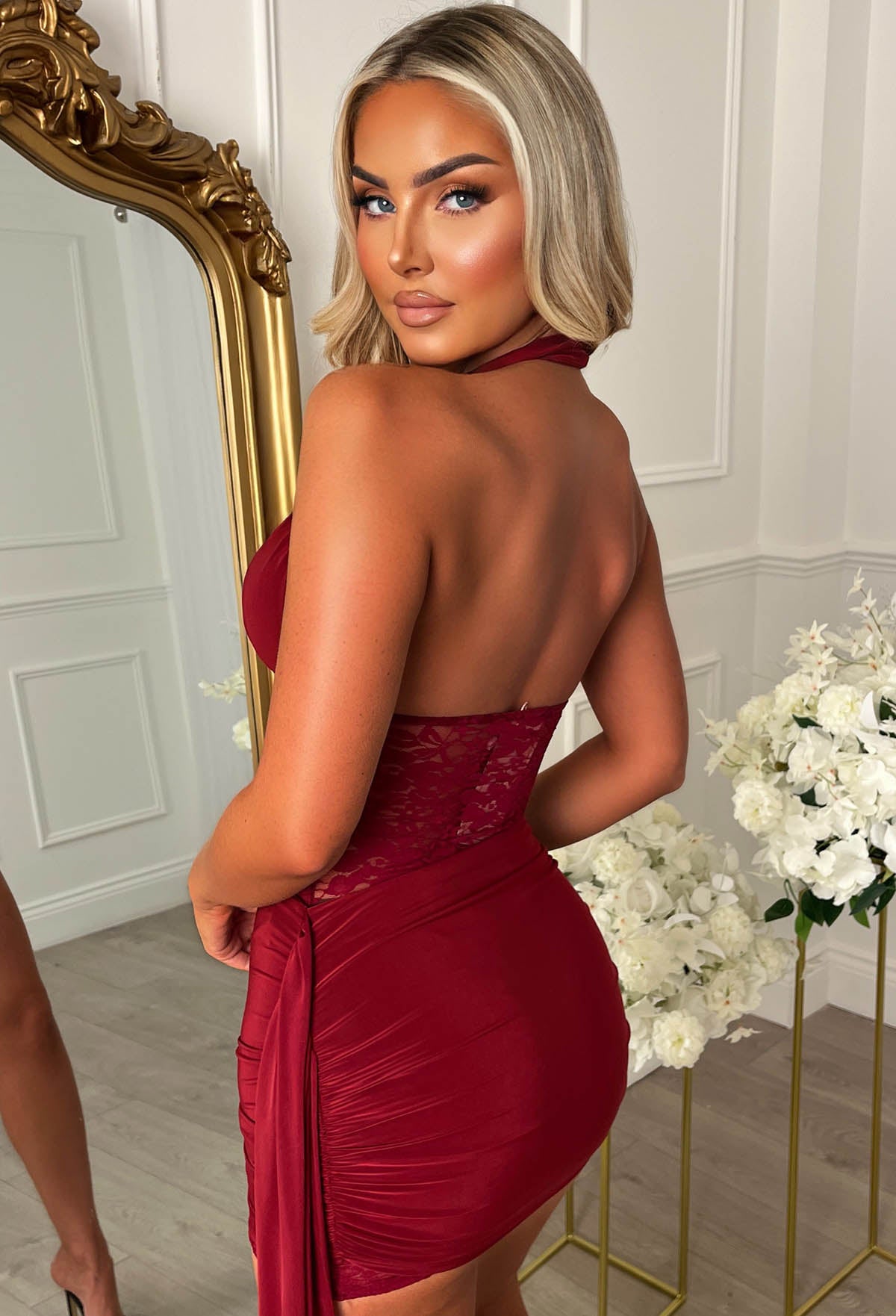 Sassy & Fierce Burgundy Lace Waist Halter Mini Dress With Sash