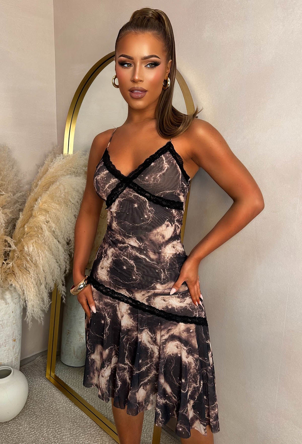 Sassy Statement Brown Abstract Print Lace Cami Midi Dress