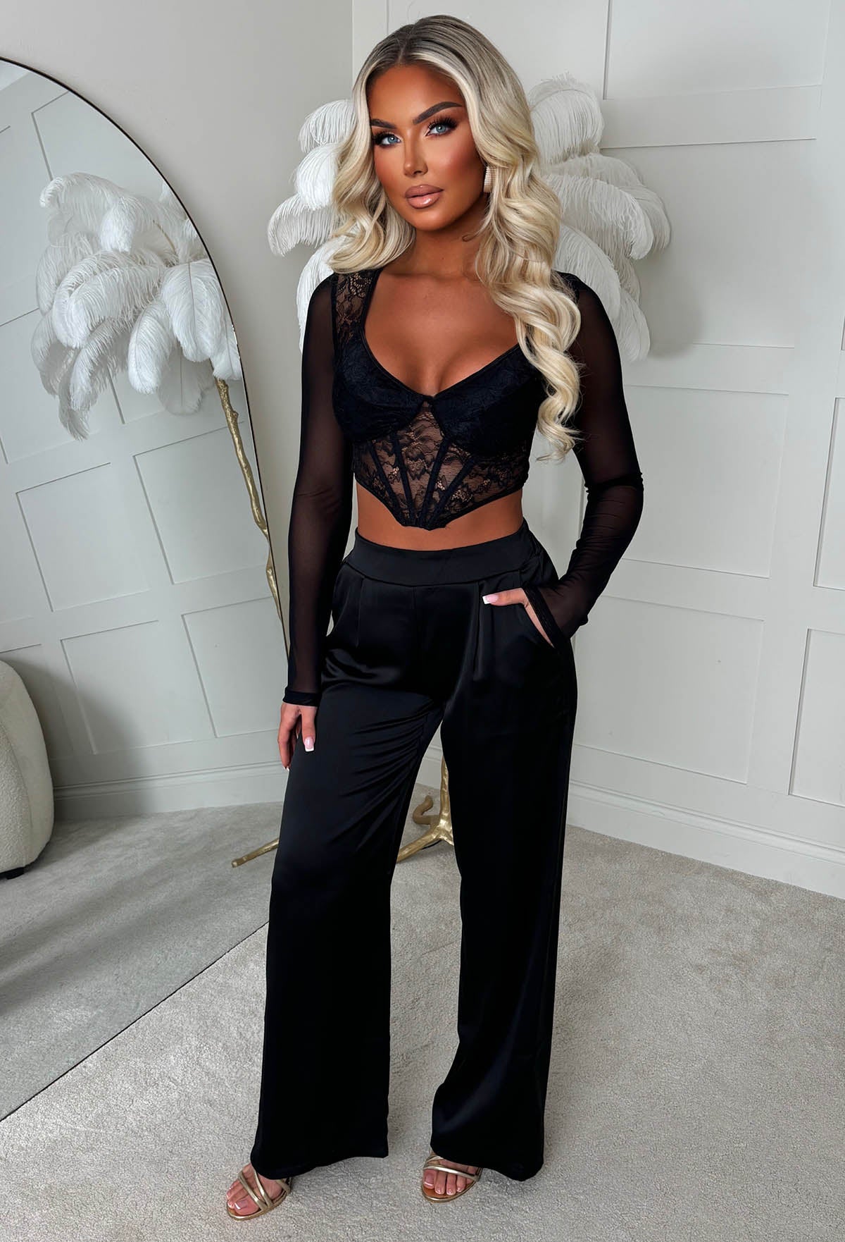 Satin Days Black Satin Elasticated Wide Leg Trousers
