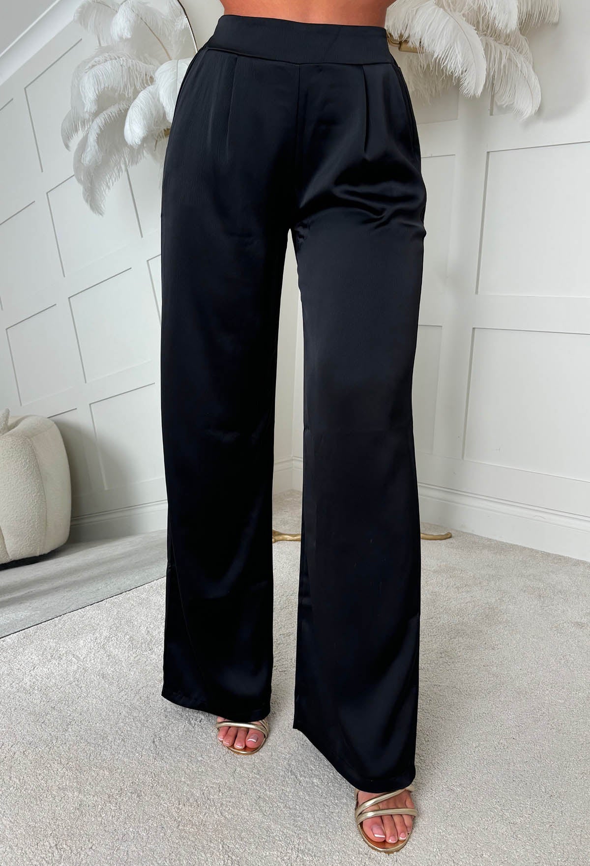 Satin Days Black Satin Elasticated Wide Leg Trousers