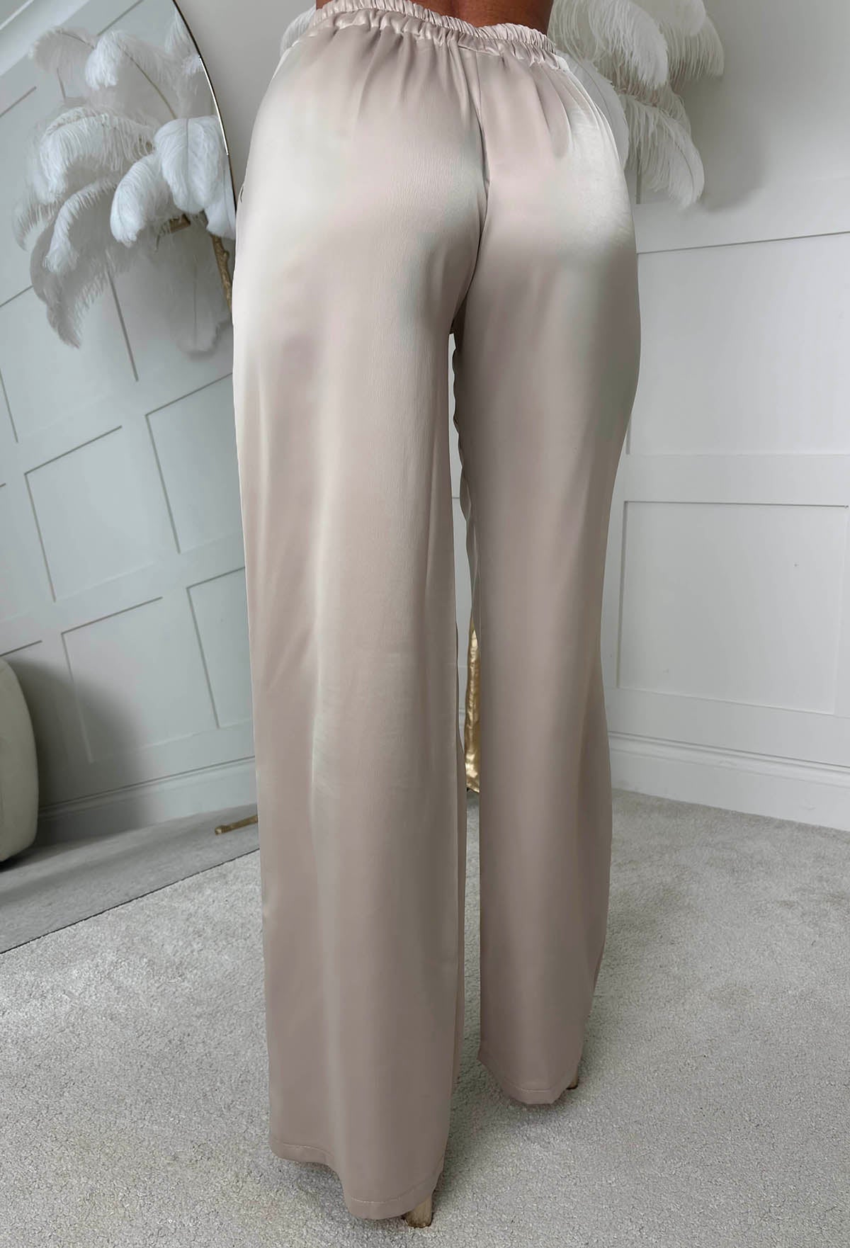 Satin Days Champagne Satin Elasticated Wide Leg Trousers
