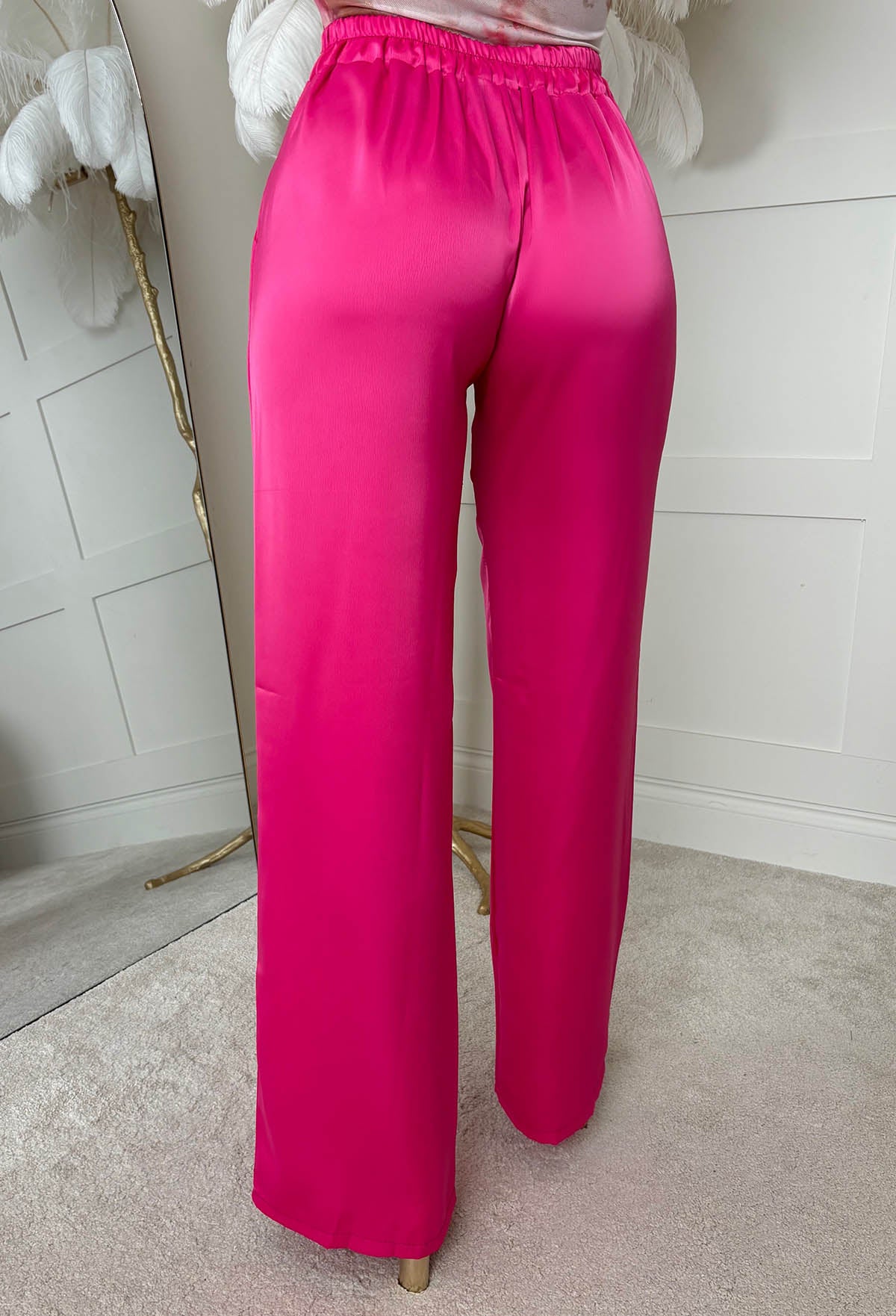 Satin Days Hot Pink Satin Elasticated Wide Leg Trousers