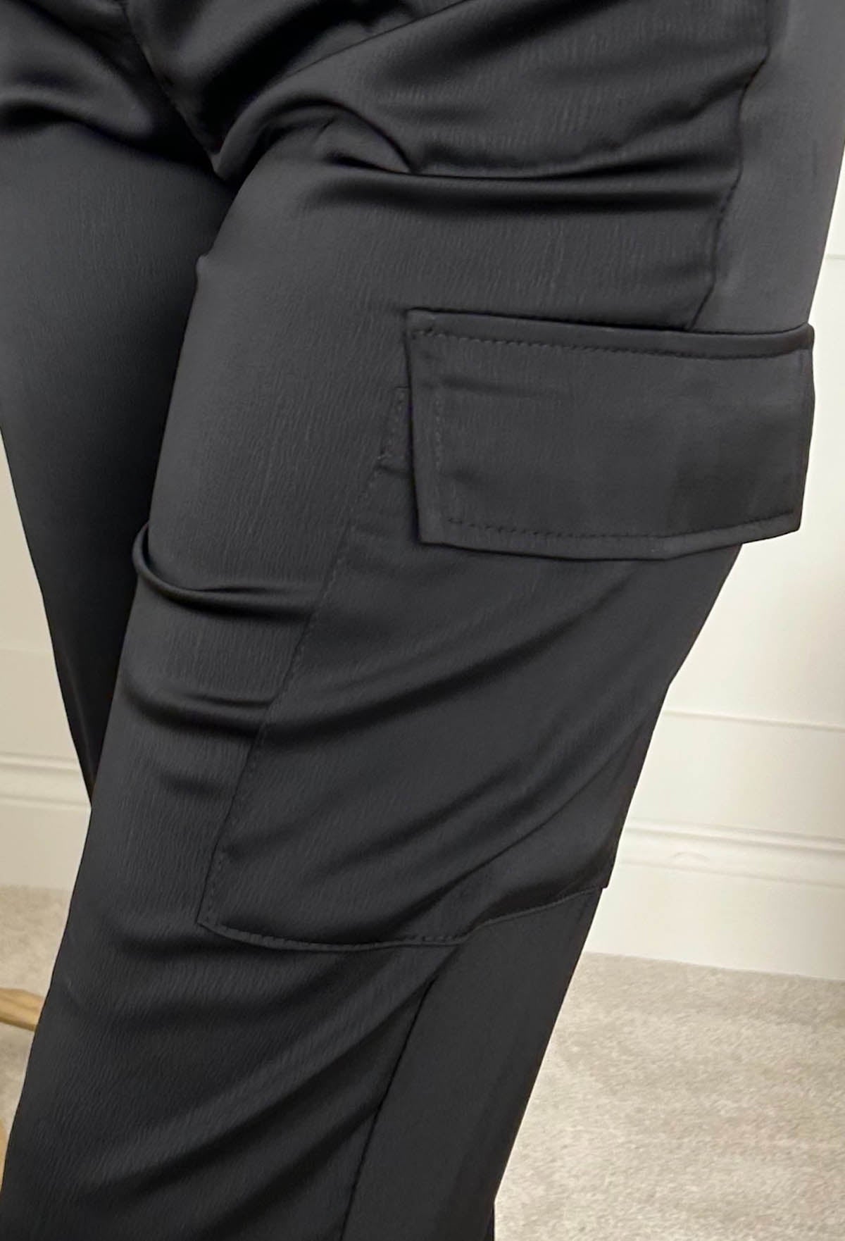 Satin Night Black Satin Elasticated Cargo Trousers