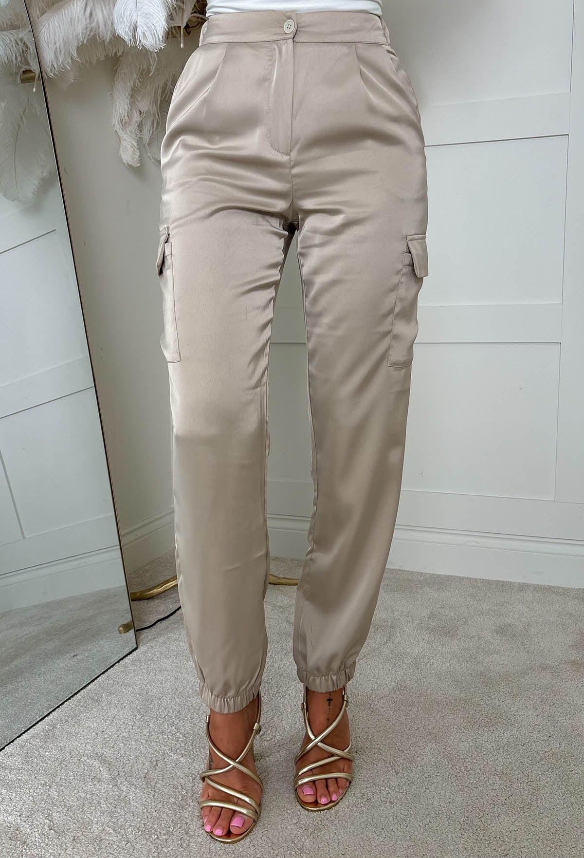 Satin Night Champagne Satin Elasticated Cargo Trousers
