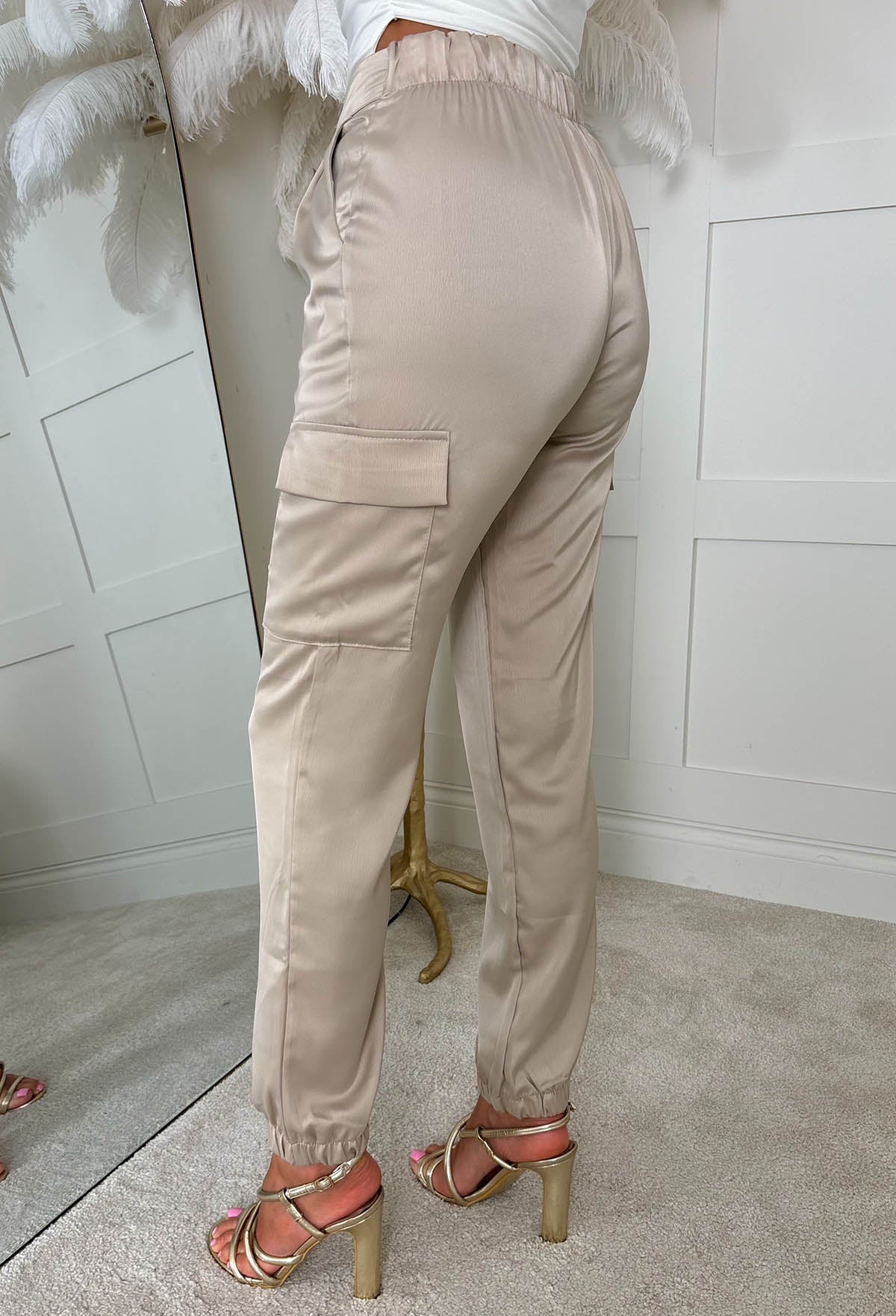 Satin Night Champagne Satin Elasticated Cargo Trousers
