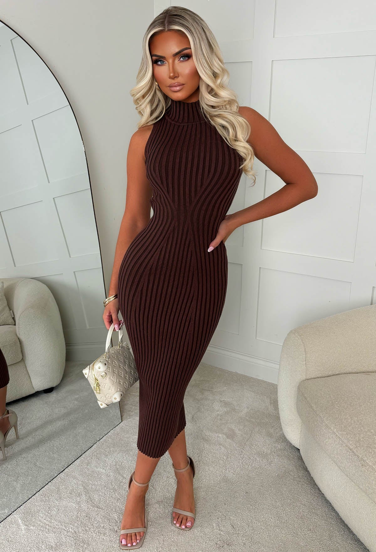 Sculpted Couture Brown Knitted Midi Dress