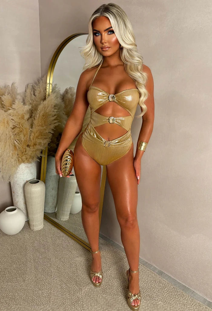 Seashell Seduction Gold Metallic Shell Swimsuit