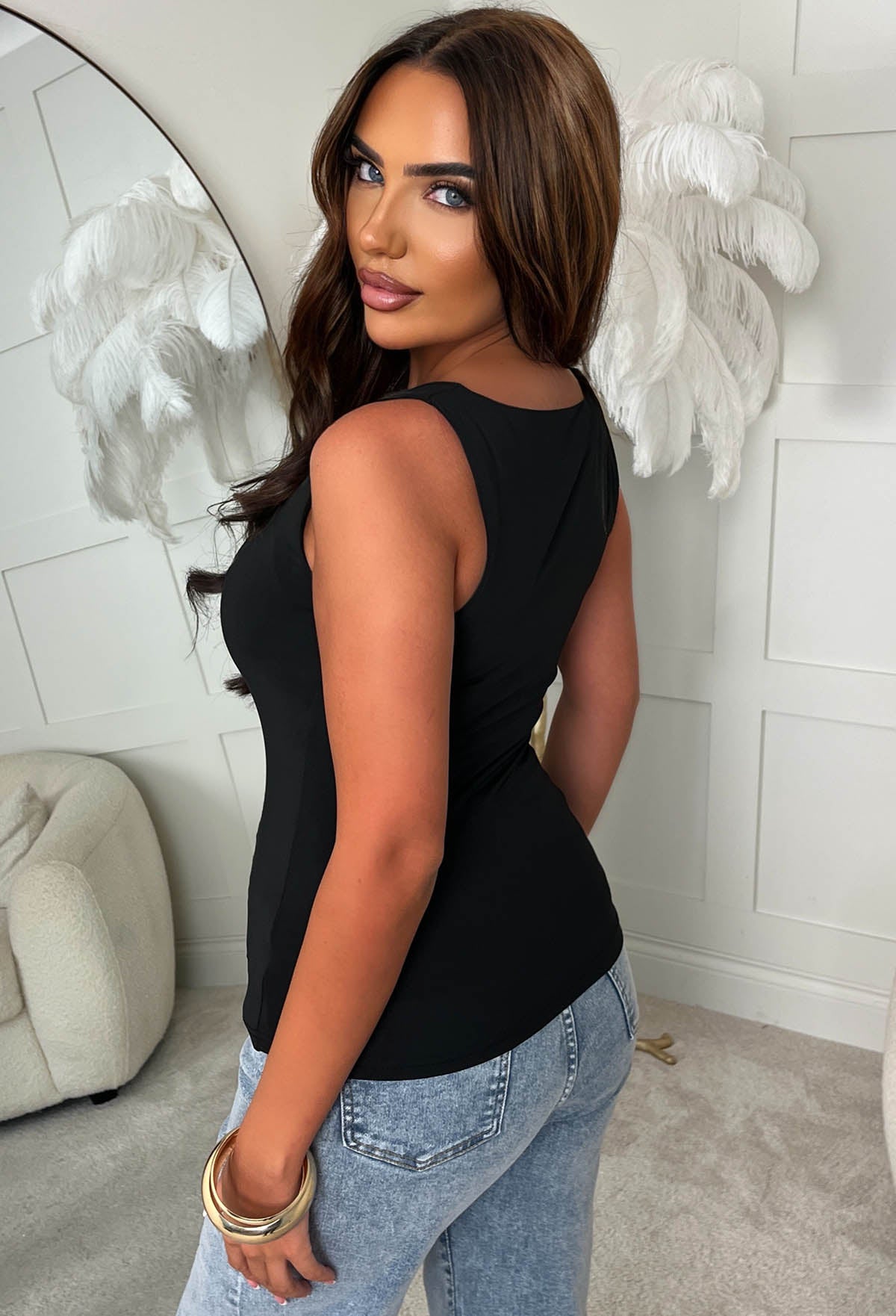 Secret Crush Black Square Neck Sleeveless Top