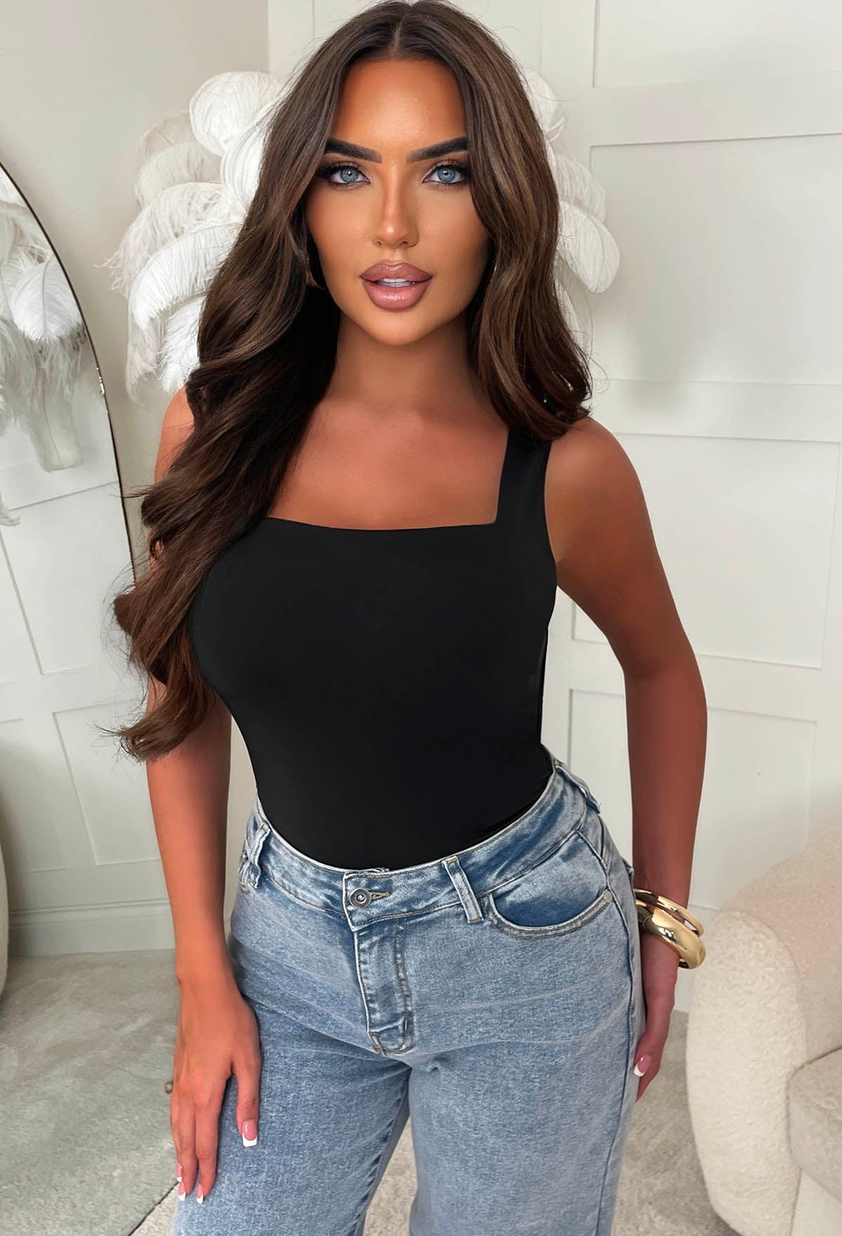 Secret Crush Black Square Neck Sleeveless Top