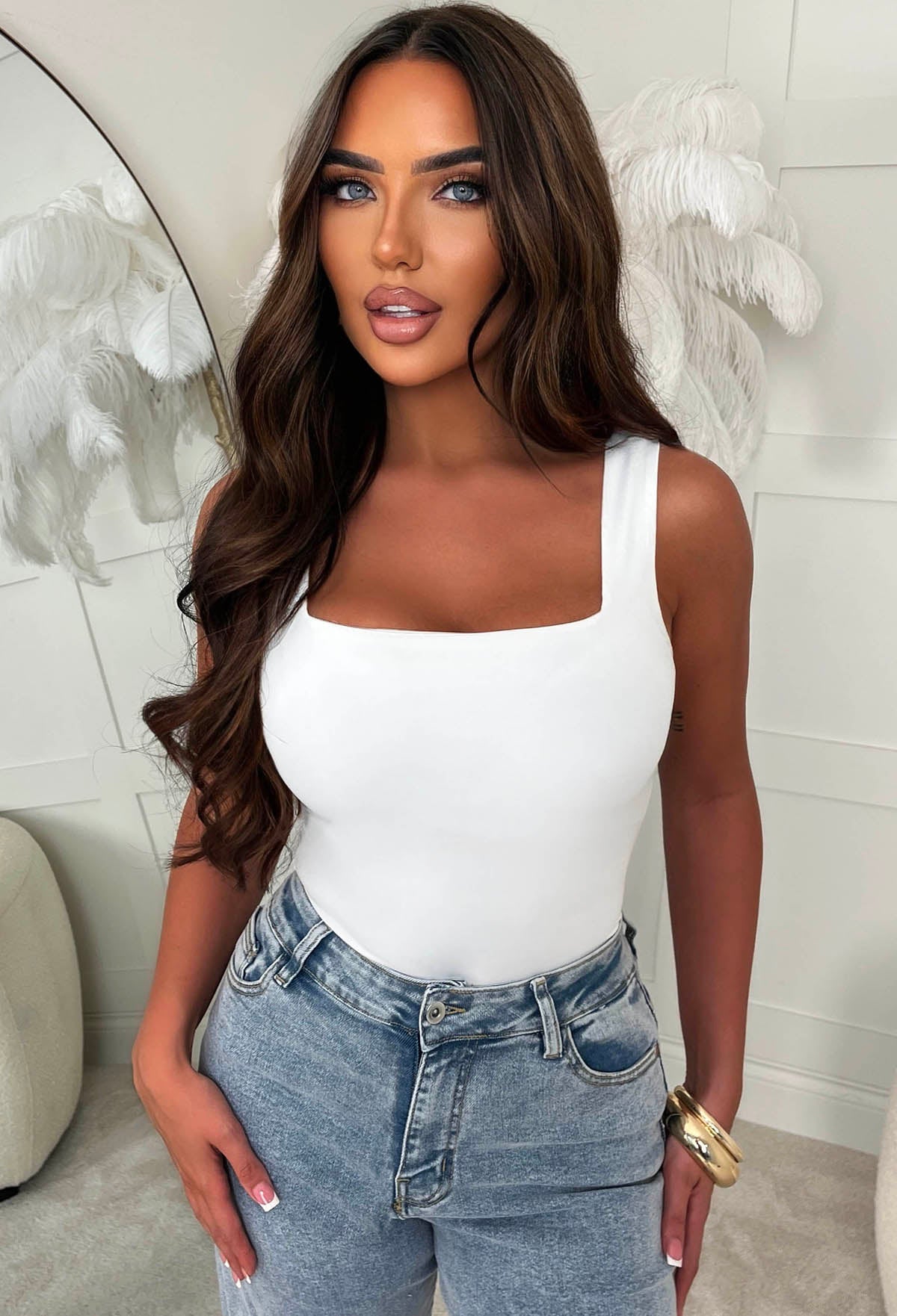 Secret Crush White Square Neck Sleeveless Top