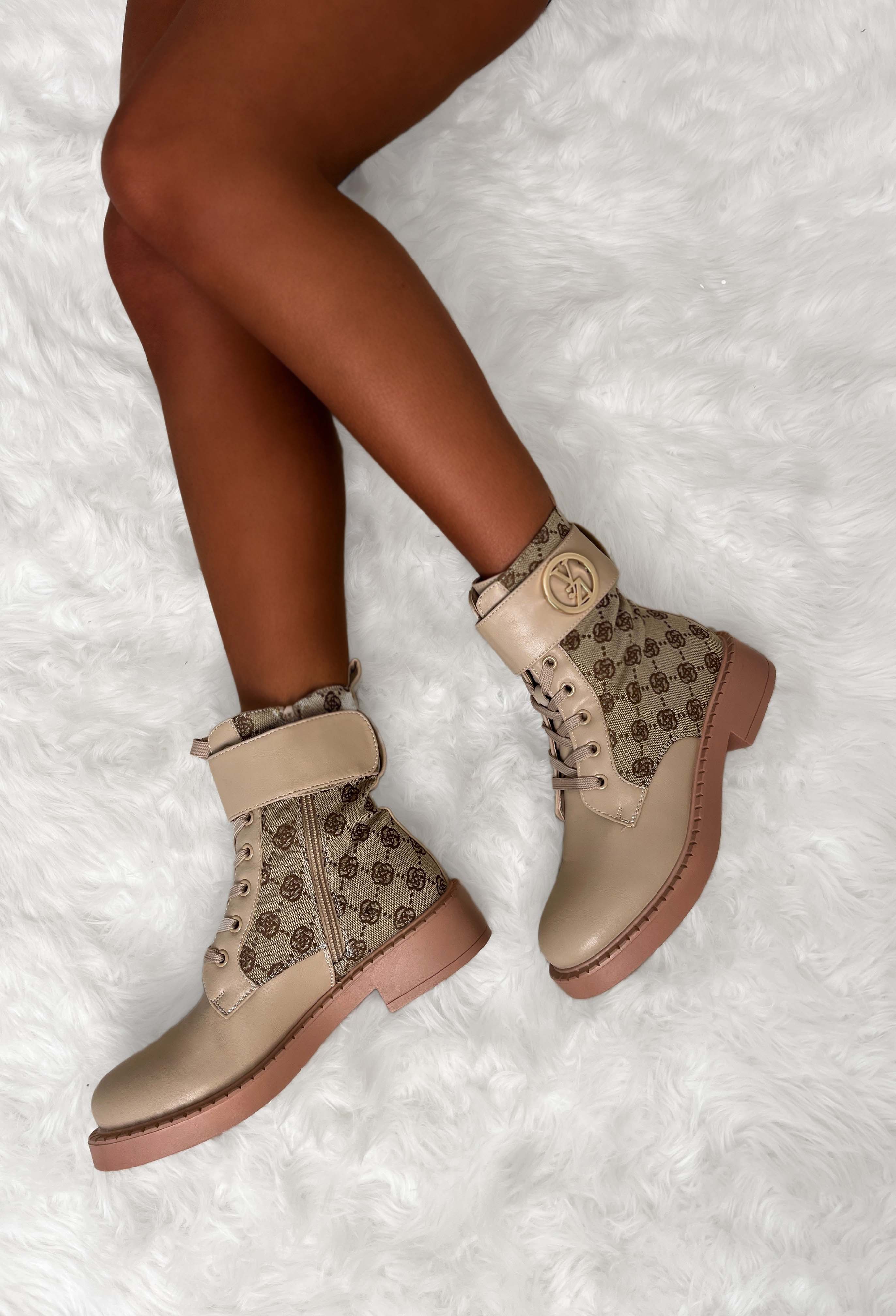 Secret Illusion Beige Buckle Strap Lace Up Printed Boots