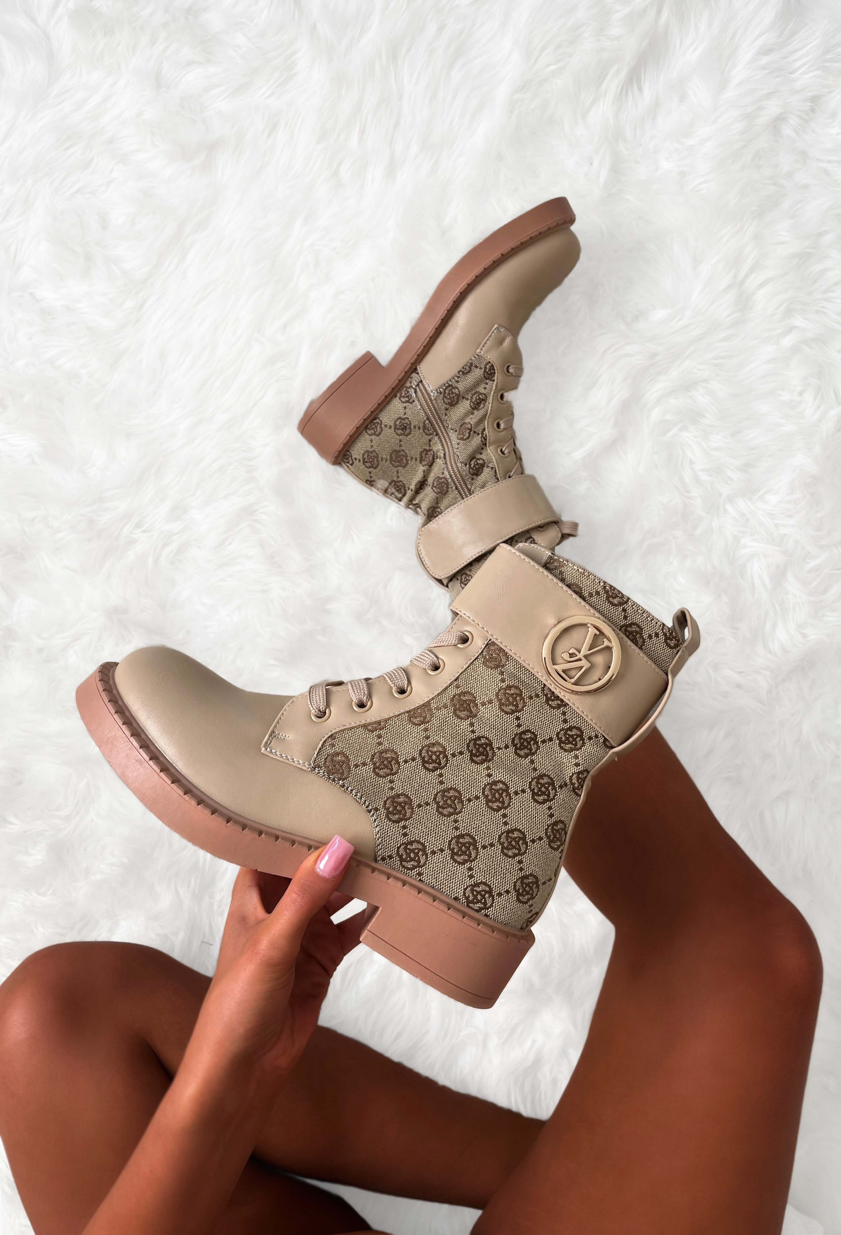 Secret Illusion Beige Buckle Strap Lace Up Printed Boots