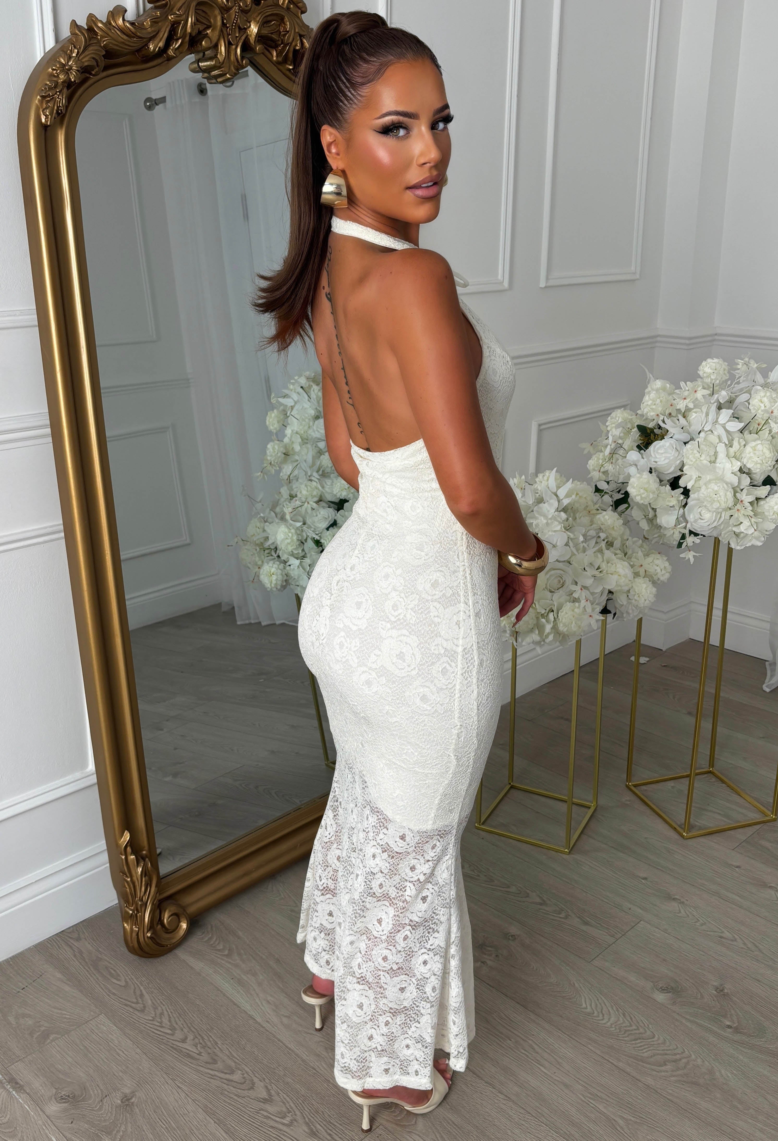 Cream Keyhole High Neck Lace Dress