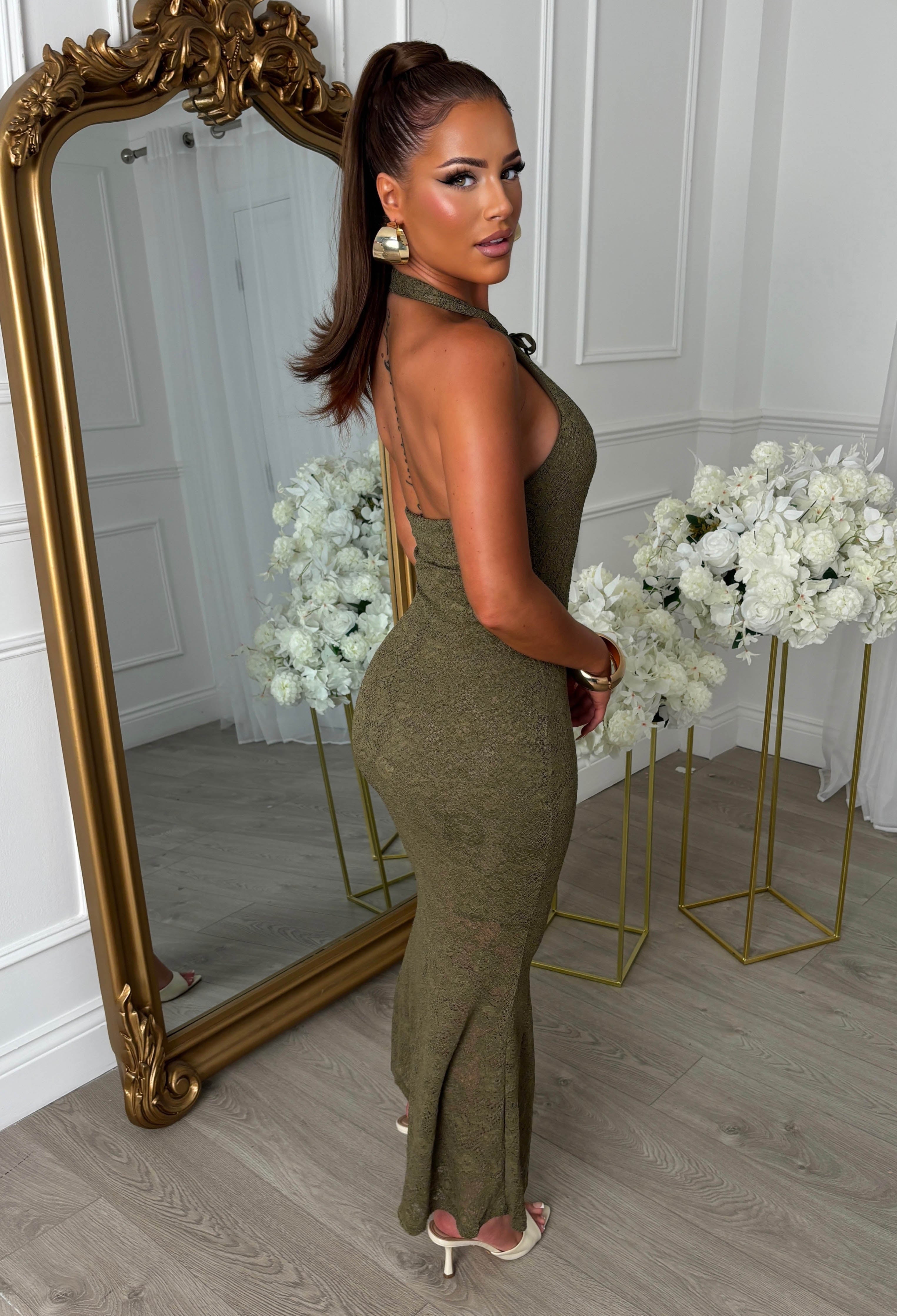 Khaki Keyhole High Neck Lace Dress
