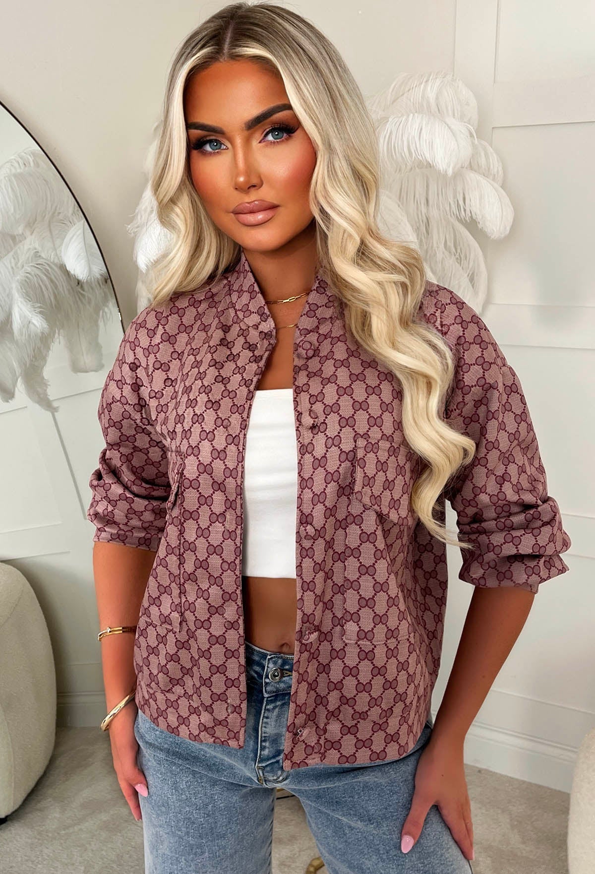 Secret Style Pink Monogram Printed Bomber Jacket