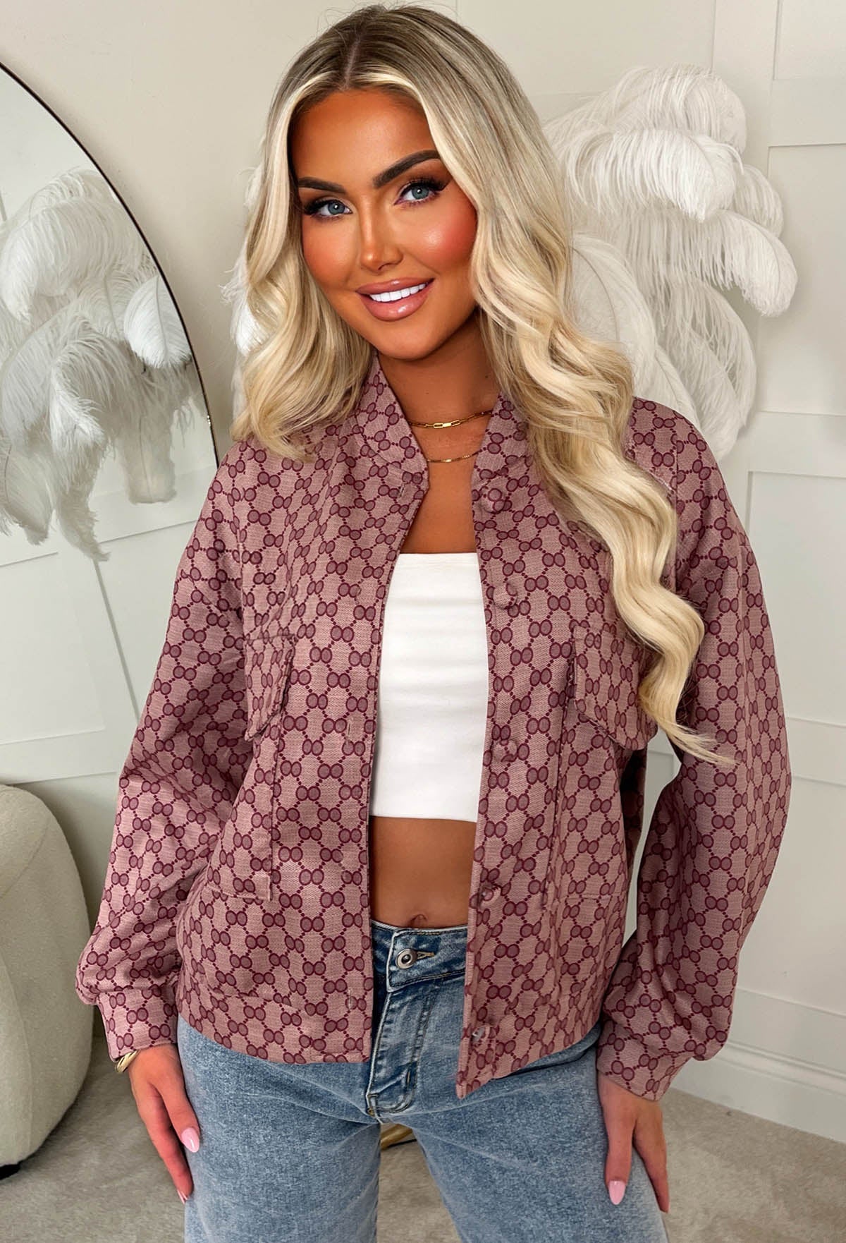 Secret Style Pink Monogram Printed Bomber Jacket