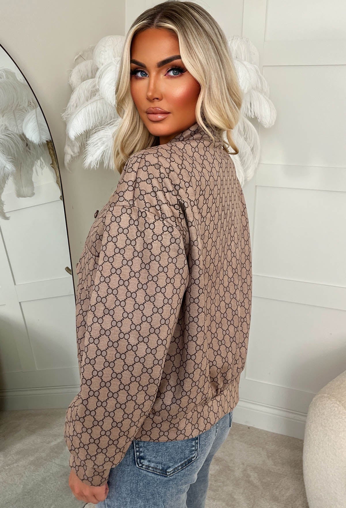 Secret Style Taupe Monogram Printed Bomber Jacket