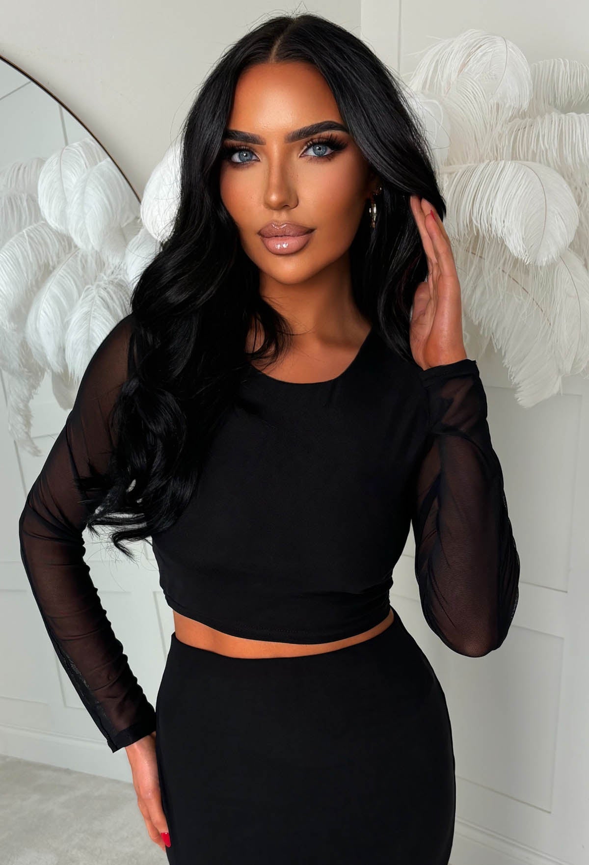 Black mesh midi skirt co-ord set with a sheer long sleeve crop top and ruched figure-hugging midi skirt.
