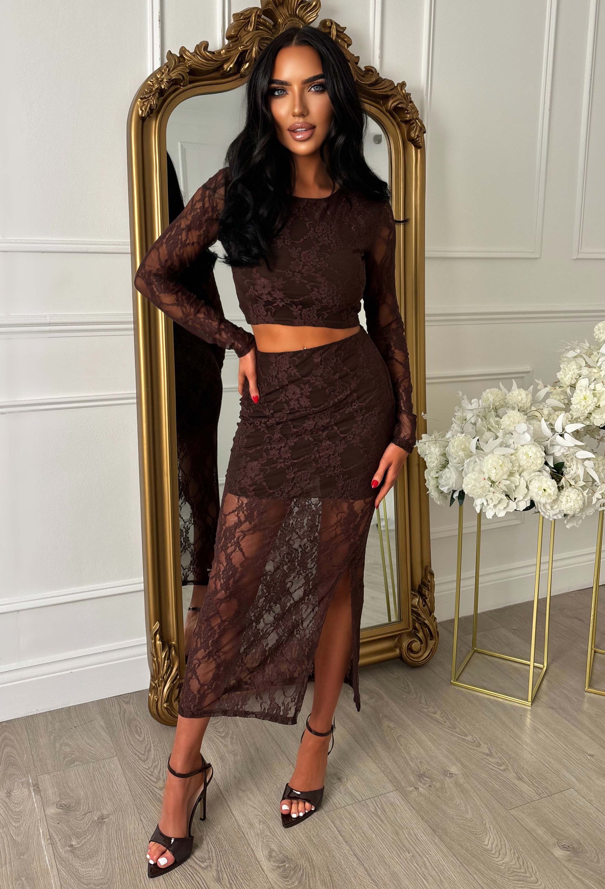 Secrets Exposed Brown Lace Midi Skirt Co-ord Set